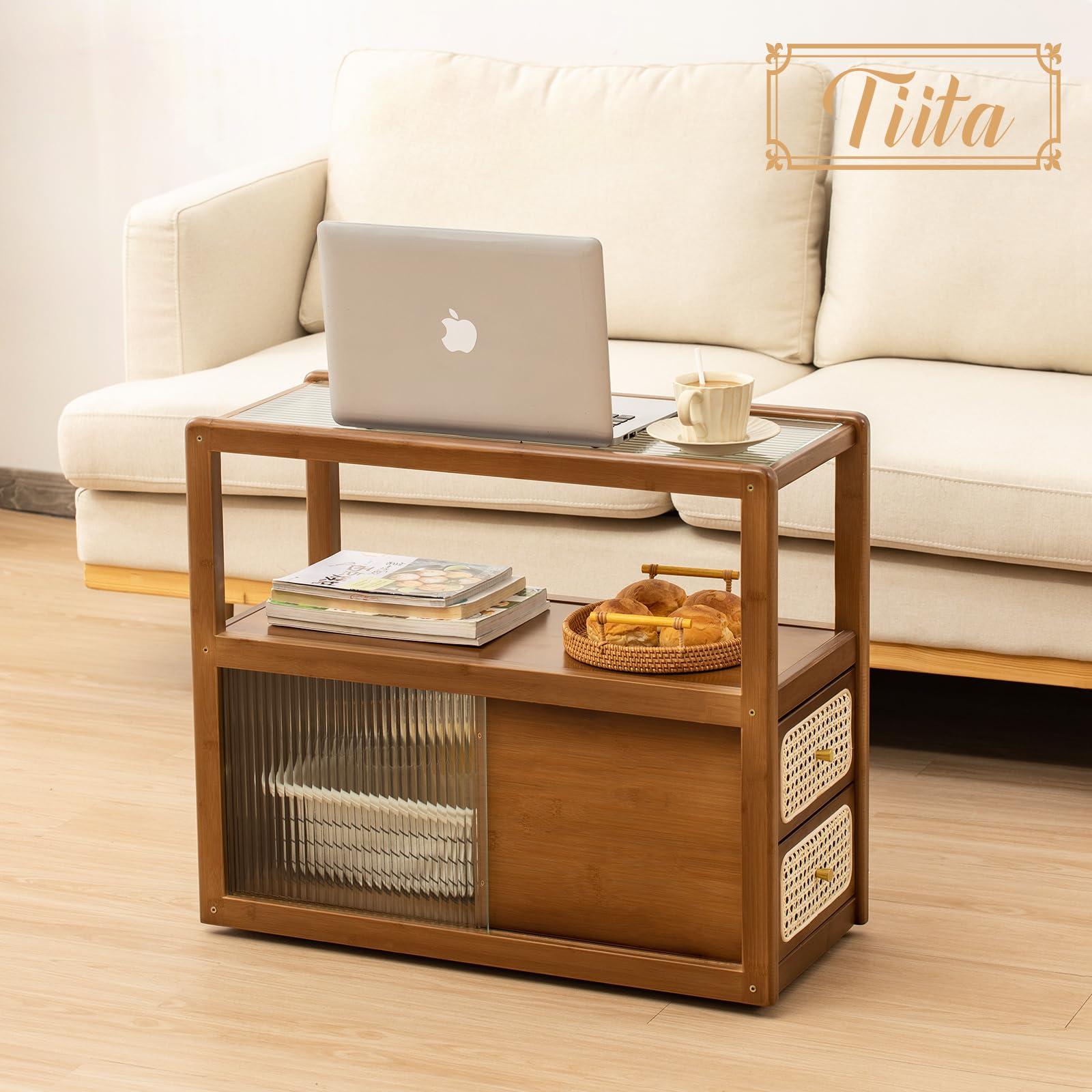 Tiita Rattan Nightstand Side Table, Bamboo Accent Bedside Tables, Glass Coffee Tables, Boho Wooden End Table with Storage for Small Space, Living Room and Bedroom - Image 6
