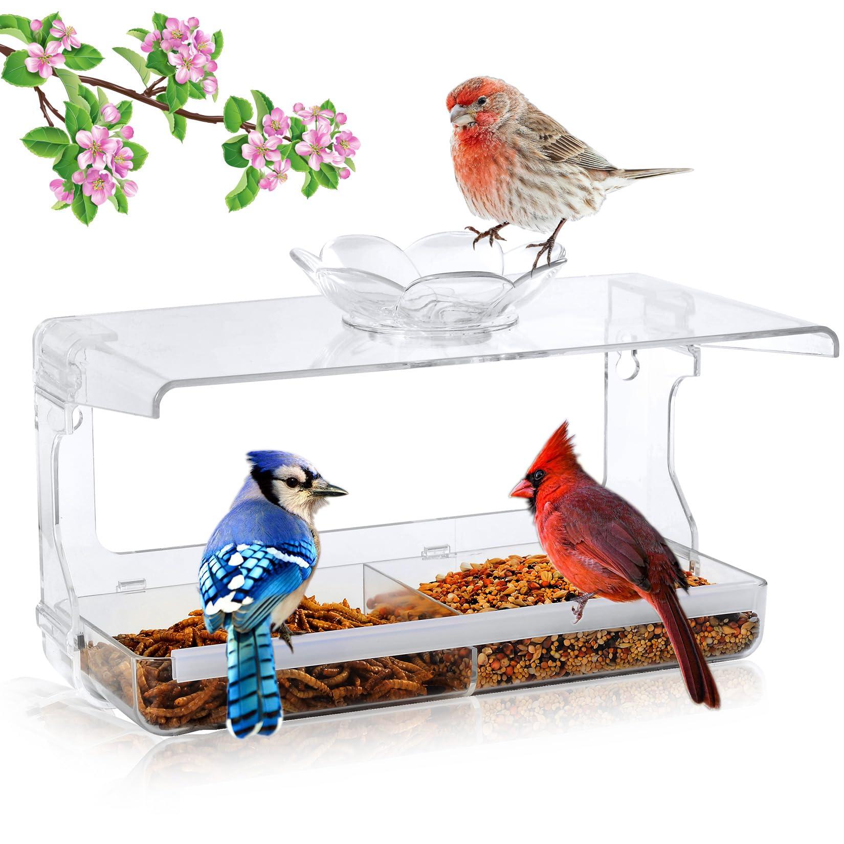 WENMIXER Window Bird Feeder with Non-Marking Self-Adhesive Hooks, Clear and Transparent, Outdoor Wild Bird Watching Gift, Garden Decor