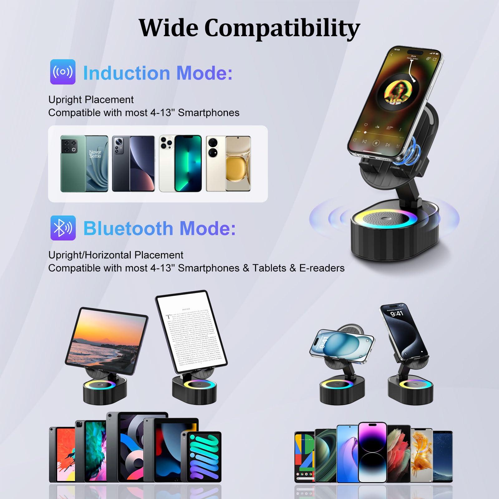 AKLLCCR Wireless Induction Audio Bluetooth Speaker 5in1 Phone Holder Emergency Rechargeable (3000mAh) with Colorful Ambient Light 300° Foldable for Tablet iPhone Android, Gifts for Men Women (Black) - Image 6