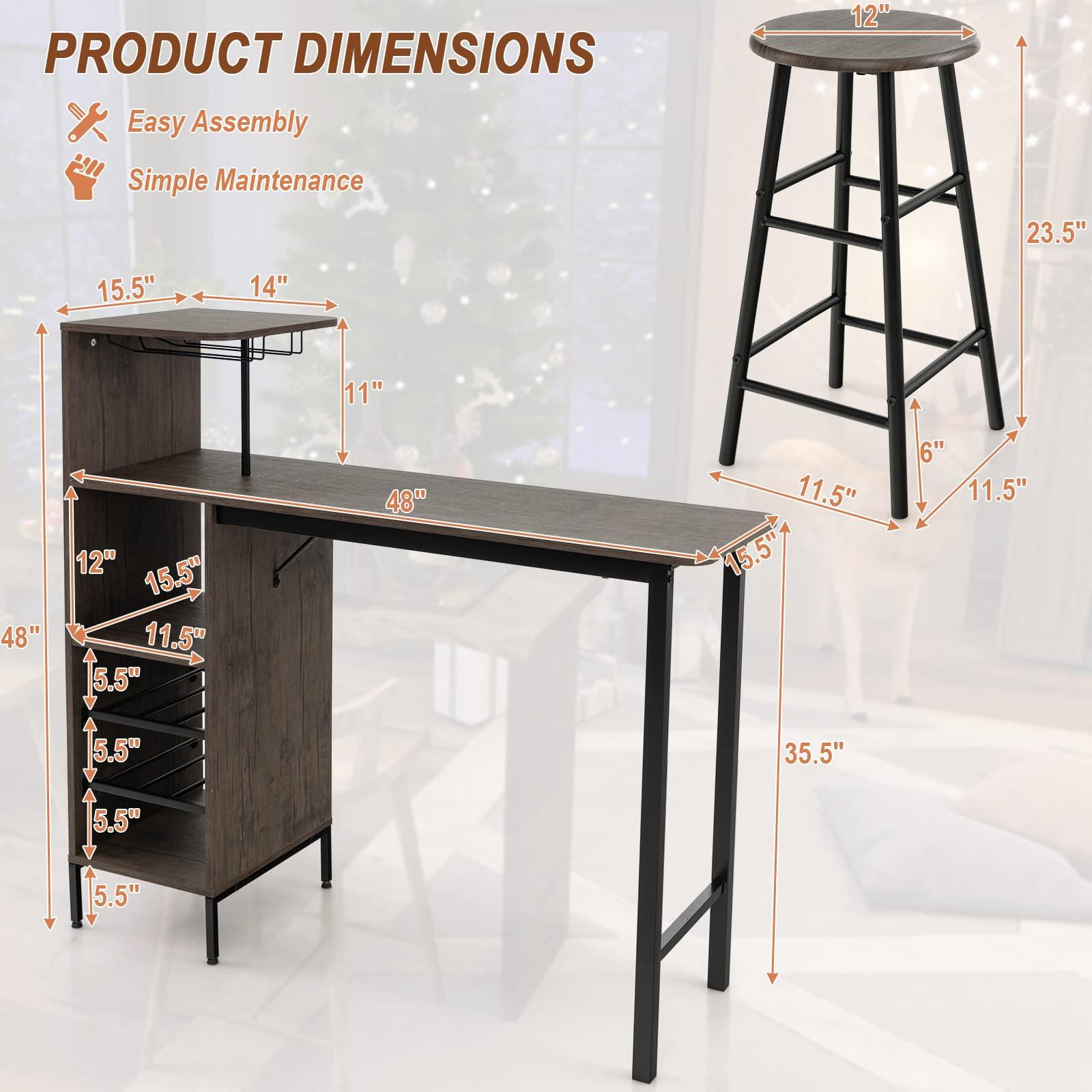 COSTWAY 3 Pieces Bar Table and Chair Set, Industrial Pub Table & Stools with Wine Glass Holders & 6-Bottle Wine Racks, Counter Height Dining Table Set for Living Room Dining Room Kitchen, Brown - Image 3