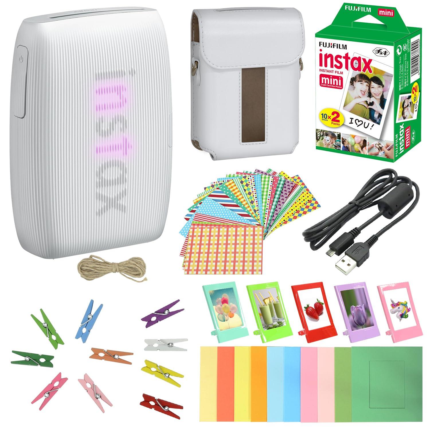 Bundle with Compatible Fuji Mini Link 3 Smartphone Printer Clay White + Fuji Film Value Pack 20 Sheets Accessories Bundle with Album + 5 Plastic Desk Frames + Paper & Sticker Frames (Clay White)