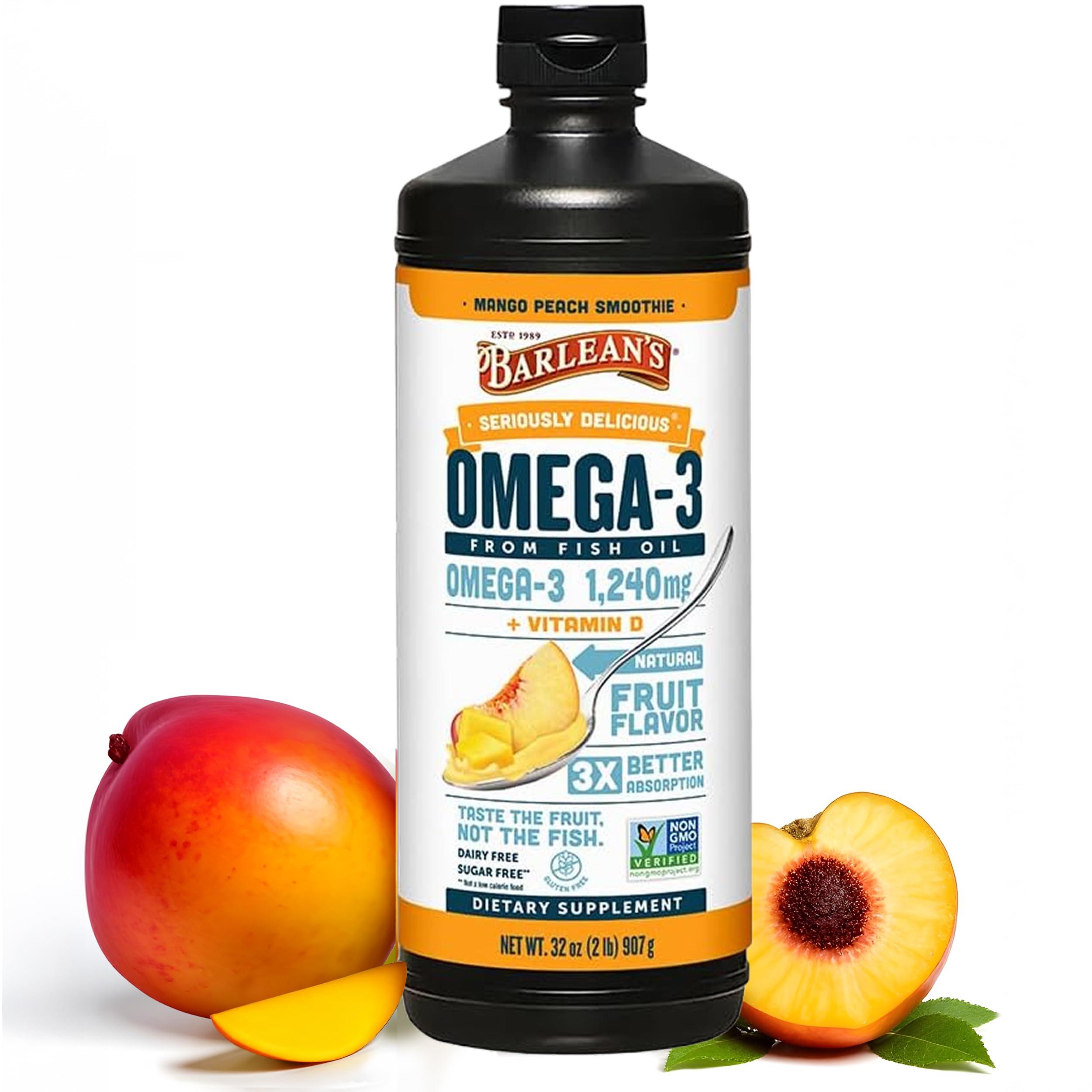 Barlean's Mango Peach Omega 3 Fish Oil Liquid Supplement with Vitamin D, 1080mg EPA & DHA Fatty Acid, Smoothie Flavored & Burpless for Brain, Joint, & Heart Health, 16 oz