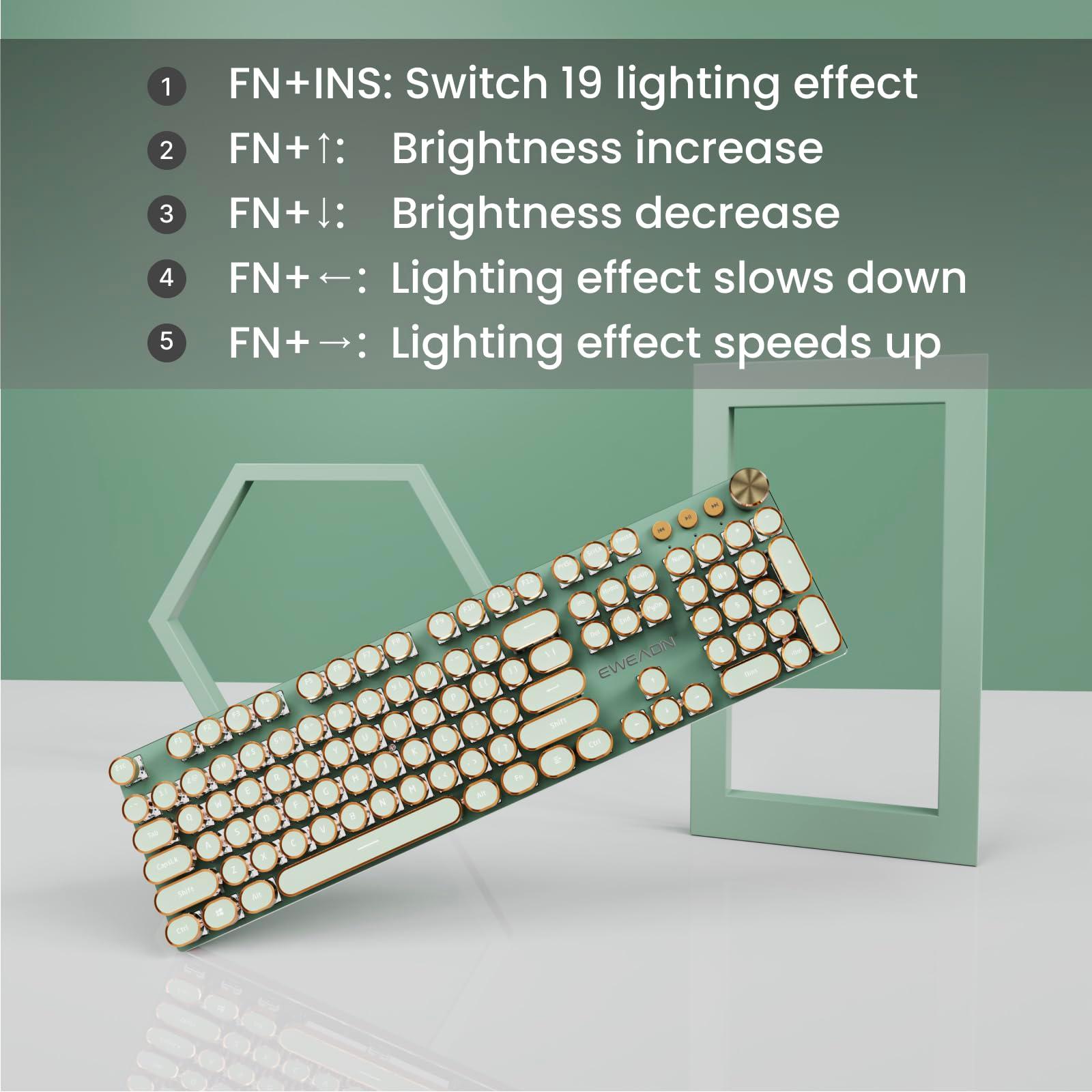 EWEADN V20 Typewriter Keyboard Wireless, 104 Keys Typewriter Style Mechanical with White Backlit, Media Knob, Pink Switch 2.4G/Bluetooth/USB-C Wired Retro Full Size Keyboard for Windows/Mac/PC-Green - Image 6