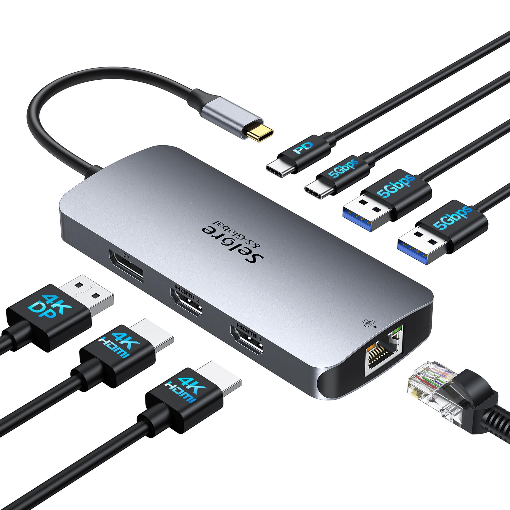 USB C Docking Station Dual Monitor, Selore Docking Station 3 Monitors Triple 4K Display with 2 HDMI, DisplayPort, 1 Gbps Ethernet, 100W PD Charging, USB 3.0 Ports Adapter for Dell, HP, Lenovo,etc