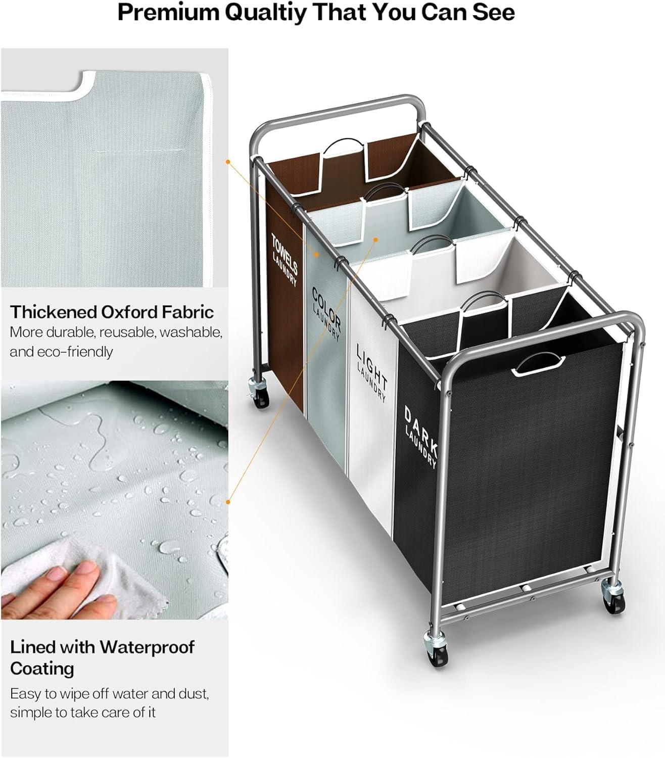 ROMOON Laundry Sorter 4 Section, Separated Laundry Hamper Cart with Wheels and Removable Bags, Rolling Laundry Basket Organizer with Large Capacity for Dirty Cloth Storage in Laundry Room, Multicolor - Image 6