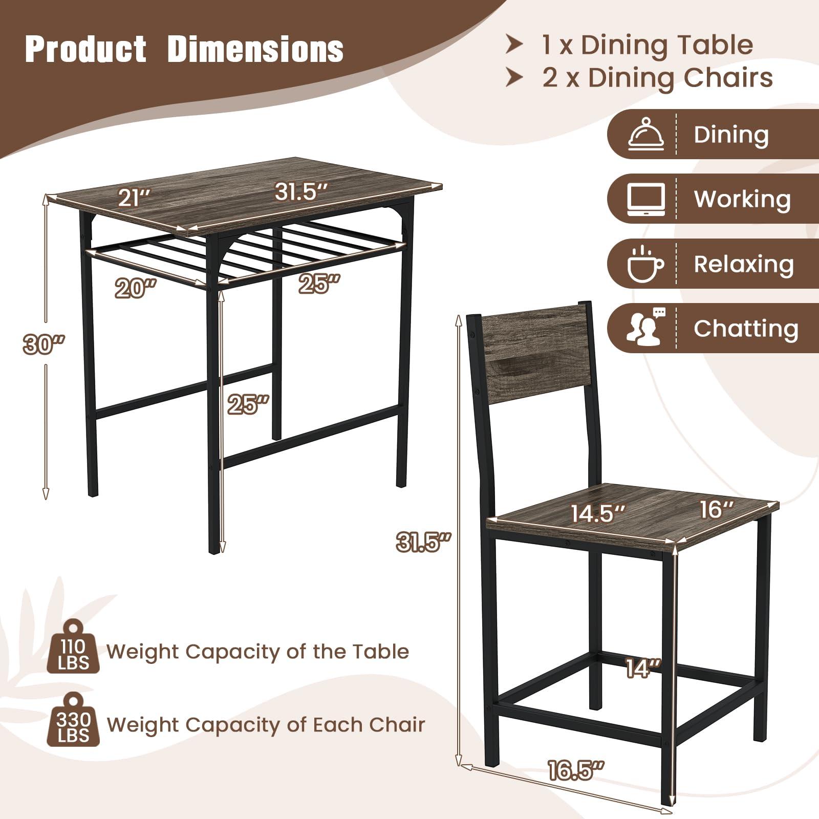 GOFLAME 3-Piece Dining Table Set for 2, Rectangular Wood Kitchen Table & Chair Set with Metal Frame, Storage Rack, Space-Saving Dinette Set for Breakfast Nook, Dining Room, Small Space, Grey - Image 2