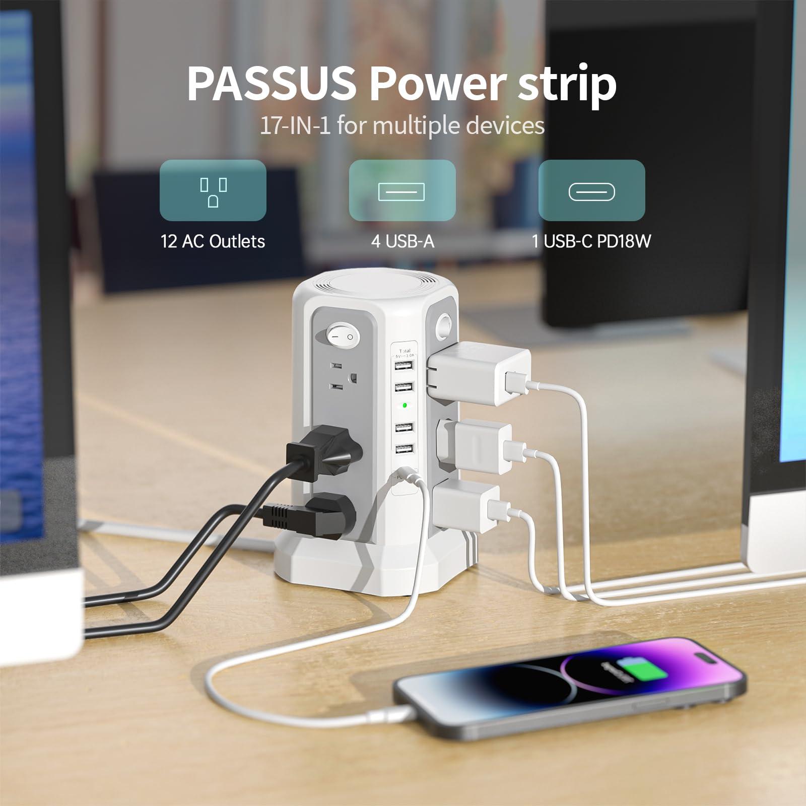 Surge Protector Power Strip Tower with USB C Port(PD18W),10FT Extension Cord with 12 AC Outlets 5 USB Charging Ports, PASSUS Power Tower Surge Protection for Home Office DormRoom - Image 5