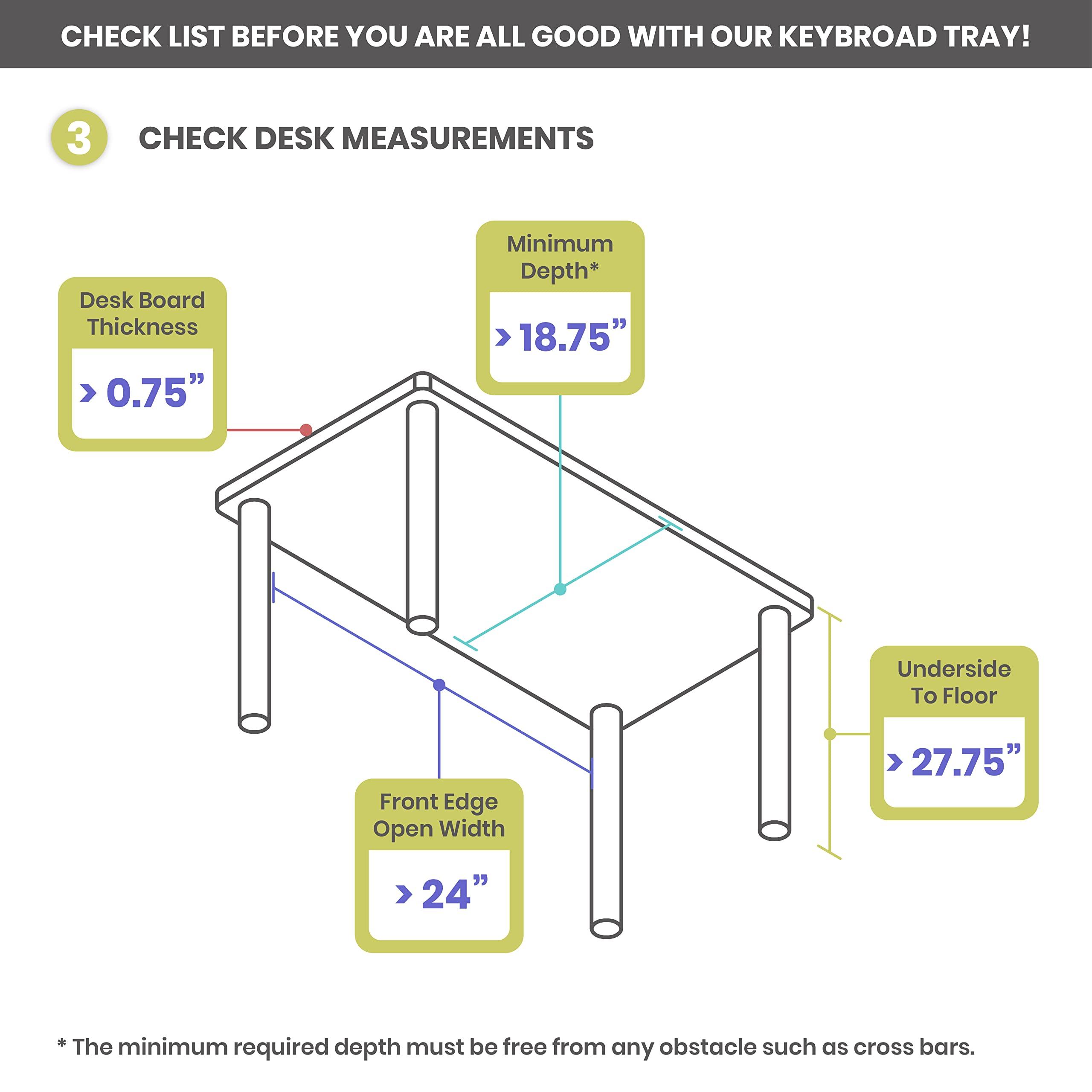 FERSGO Under Desk Keyboard Tray, 20" x 11" Tray, 17.75" Track, One Knob Control, Undermount Sliding Computer Keyboard and Mouse Tray with Wrist Rest, Swivels 360° with Adjustable Height and ±15° Tilt - Image 4