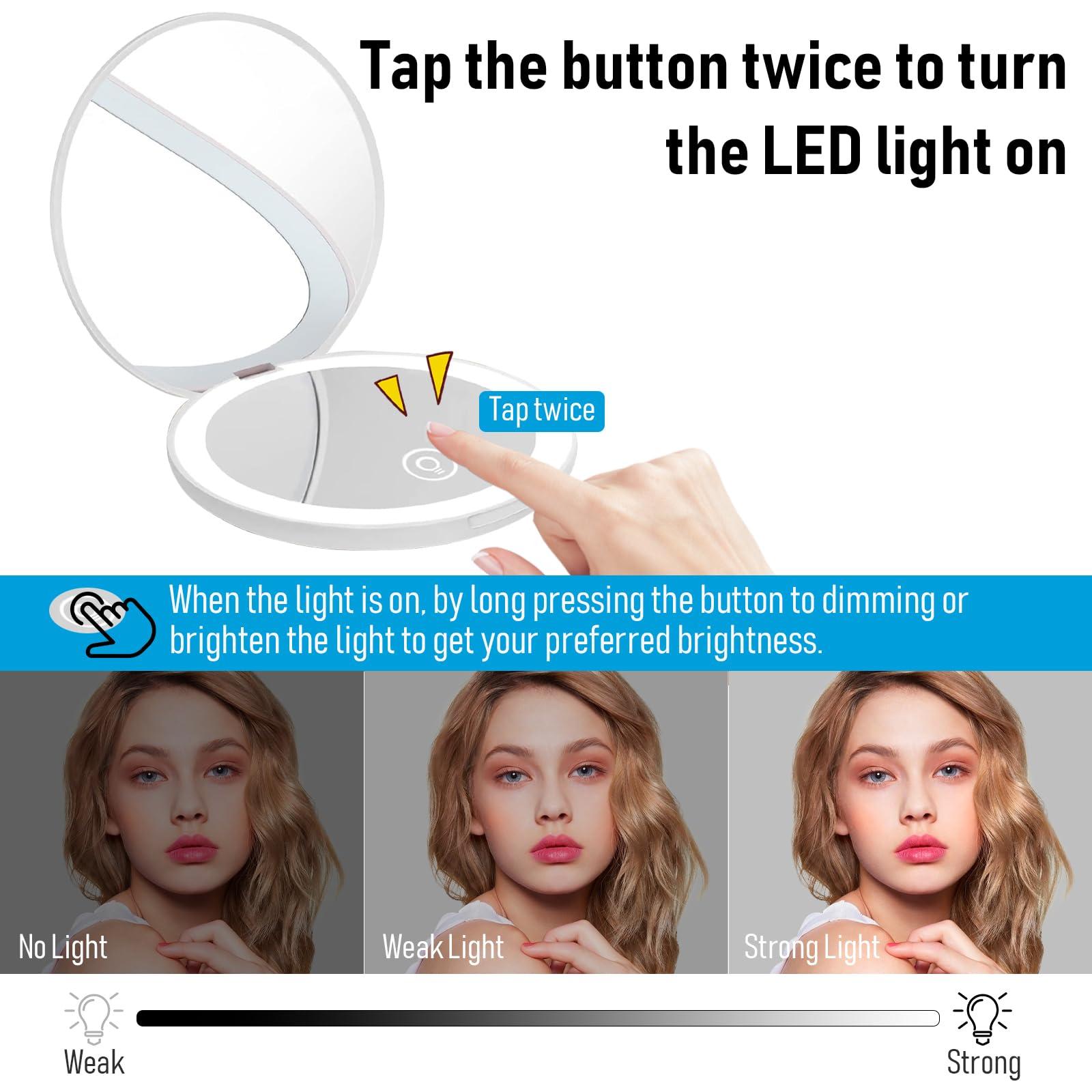 Milishow Compact Mirror with LED Light,1x/10x Magnifying Rechargeable Mirror,3.5in, Dimmable Travel Mirror for Purse,Pocket,Handheld 2-Sided Makeup Mirror - Image 3