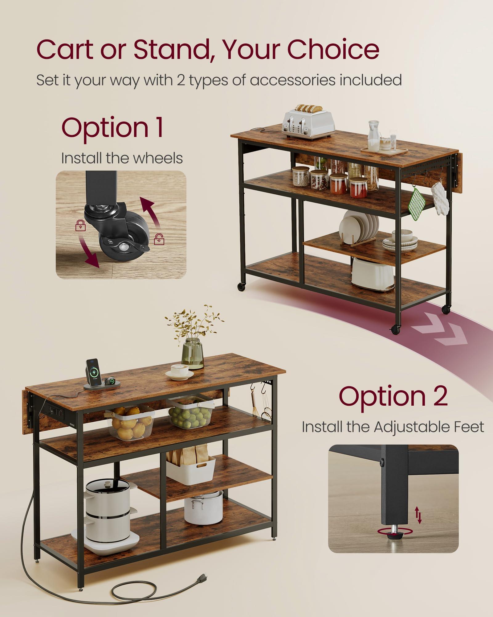 VASAGLE Kitchen Island with Drop Leaf, 47.2" Width Rolling Kitchen Cart with Power Strip, Extendable Worktop, Workbench,Pegboard, Adjustable Shelf, Rustic Brown and Ink Black UKKI013K01 - Image 6