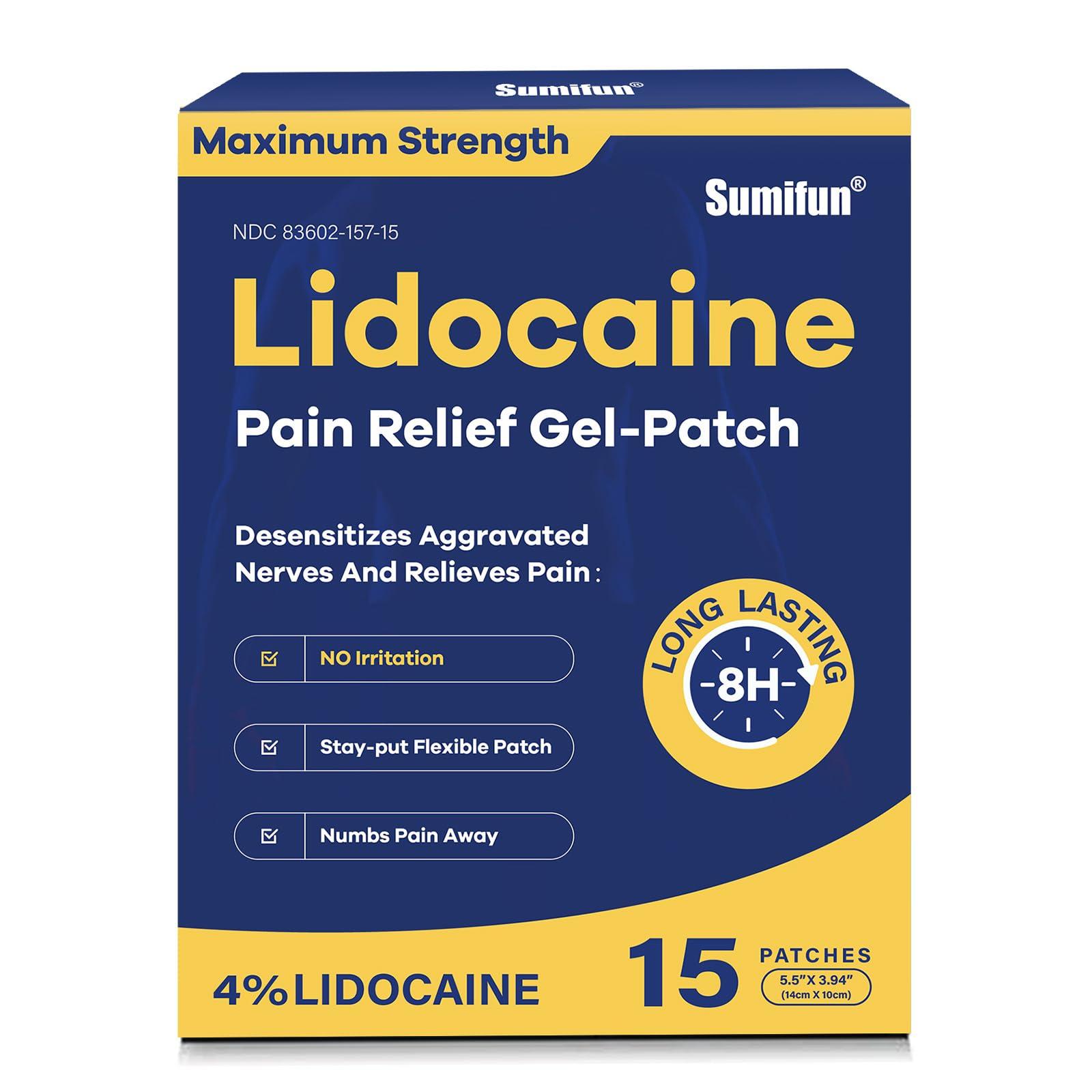 Sumifun 4% Lidocaine Pain Relief Patches 15 Counts Maximum Strength Numbing Gel Patch for Back Knee Neck Joint Ache Muscle Soreness Topical Analgesic FSA or HSA Eligible