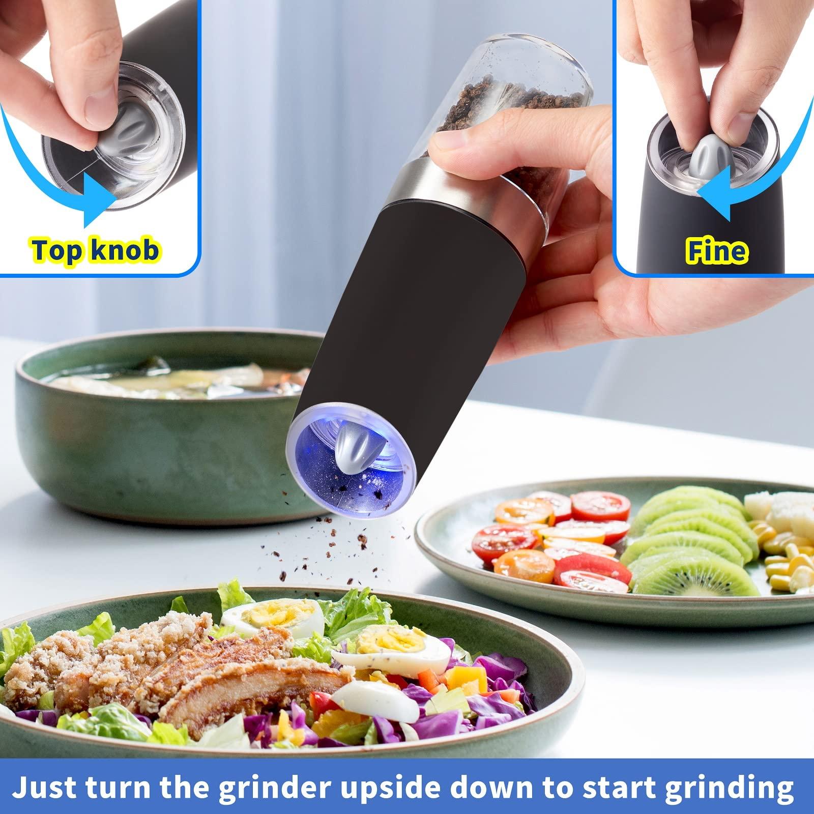 Gravity Electric Pepper and Salt Grinder Set, Battery Operated Pepper Mill with Blue LED Light, One Hand Operation, Flip to Grind, Adjustable Coarseness - Image 5