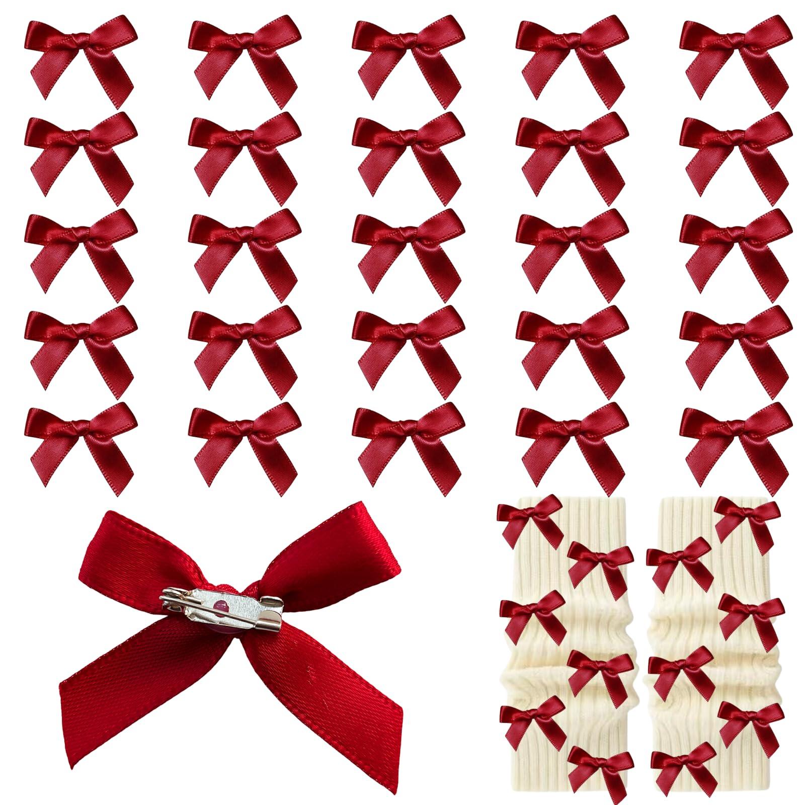 30pcs Bow Charms for Mini Ribbon Junk Socks Brooch Pins Girly Y2K Decorative Pins for Shoes Shirts Hats Gloves Crafts Coquette Safety Pins Accessories Bulk (Wine Red)