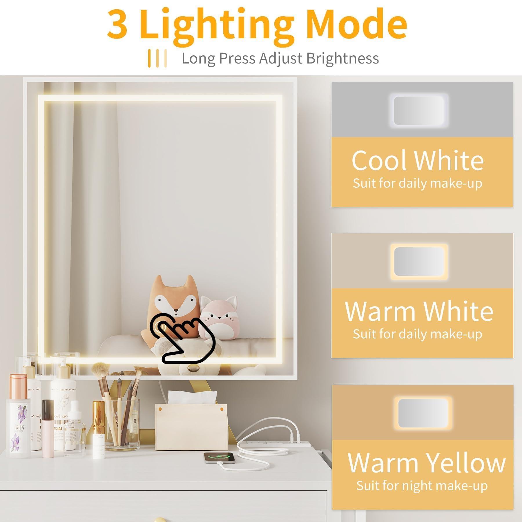 KAI-ROAD Small Makeup Vanity Desk with Lights - White Girls Vanity Set with Mirror and Chair, Make Up Dresser Table with Drawers and Power Outlet for Bedroom Small Space, Gold - Image 4