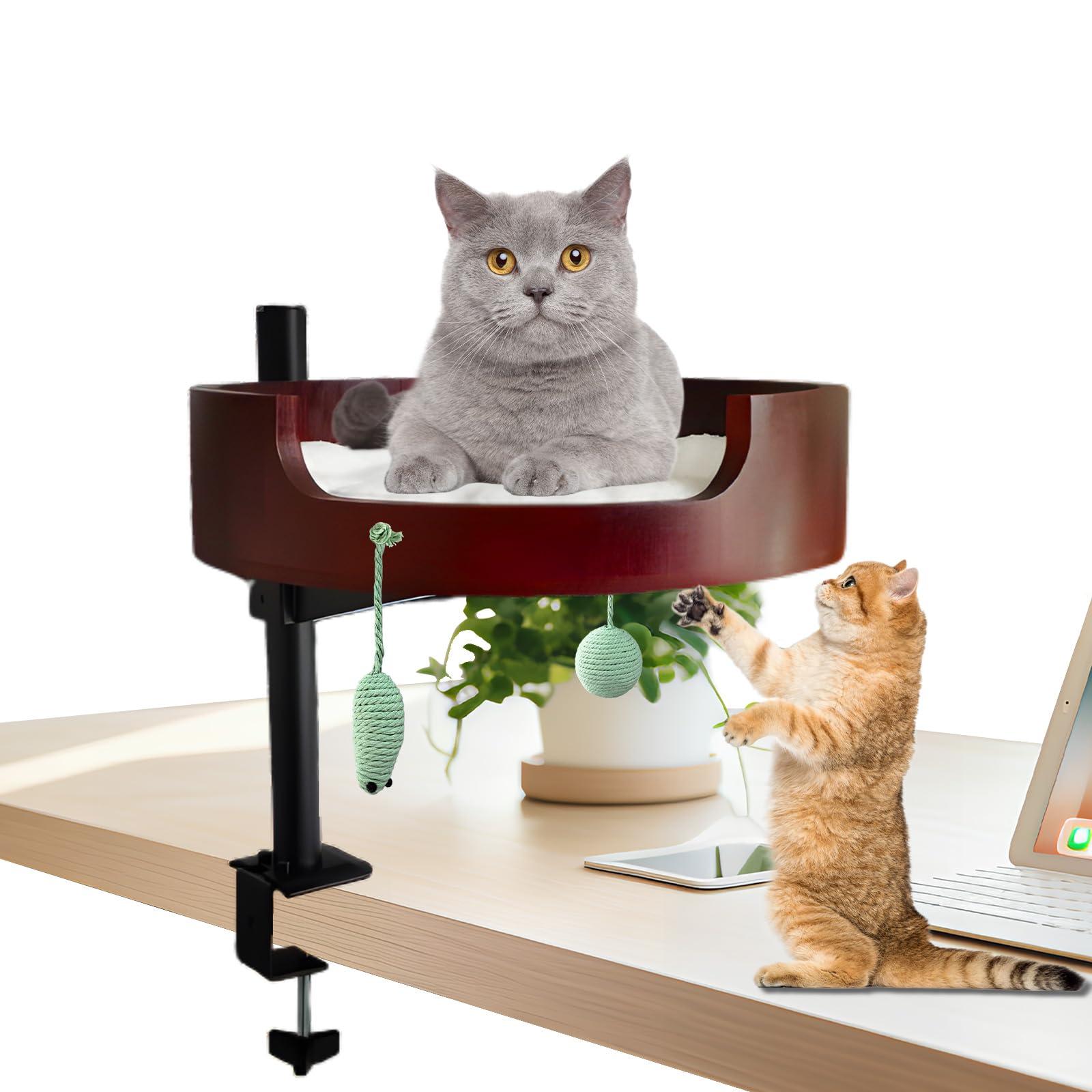 XZKING Cat Desk Bed- Adjustable Wooden Cat Bed for Home Office and Study Rooms, Desktop Kitten Furniture Attachment with Pet Mat, Ball, Mouse (Large)