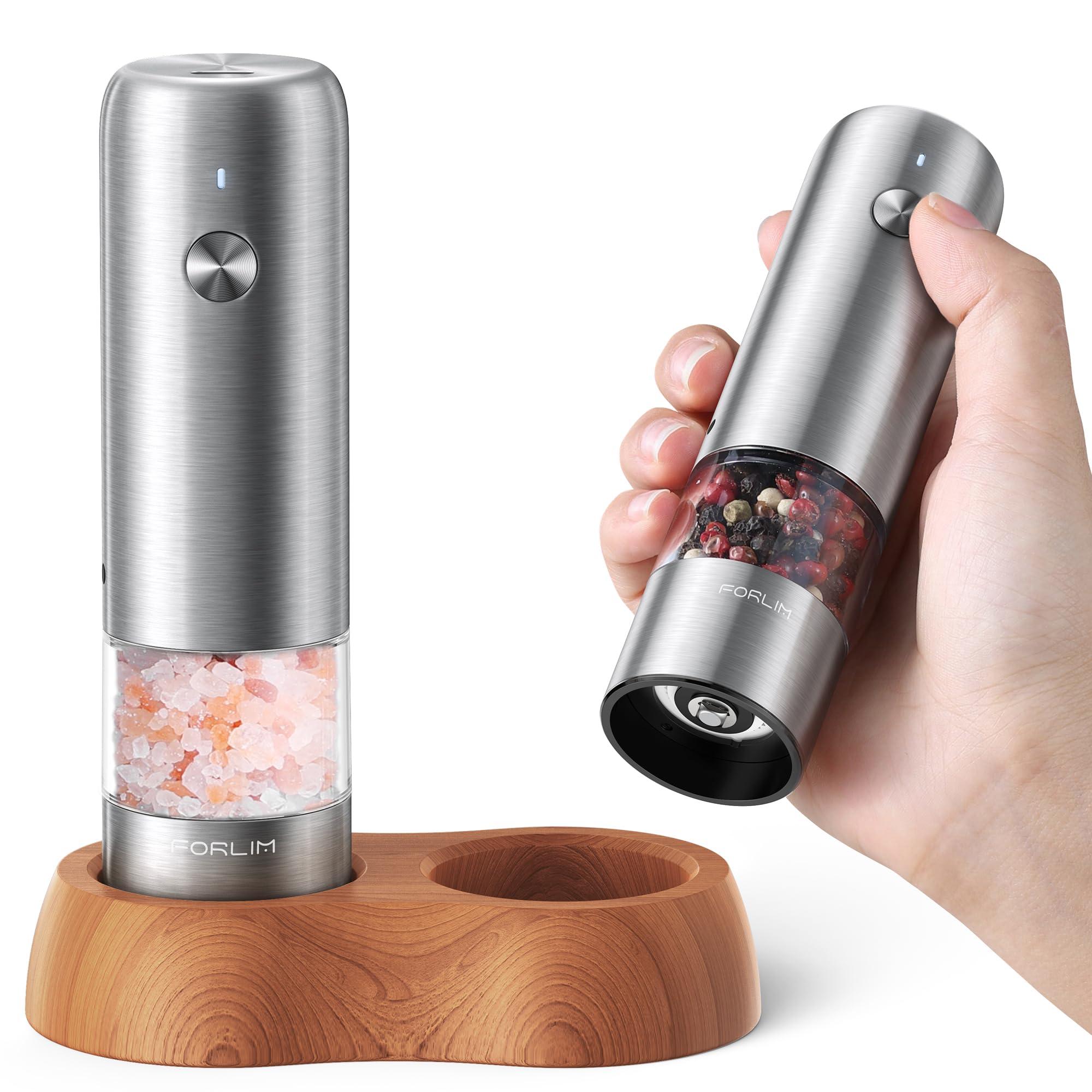FORLIM Mini Electric Salt and Pepper Grinder Set with Wood Base, USB Rechargeable, Small Automatic Salt Pepper Mill Grinder, Travel/Outdoor BBQ/Children, One-Button Control (2 Packs, Stainless Steel) - Image 1