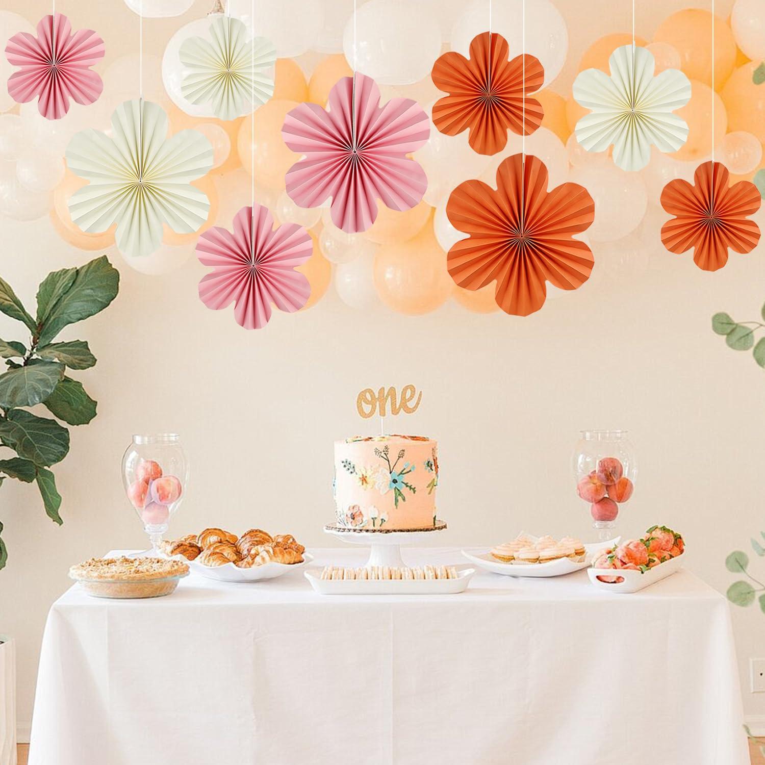 9Pcs Hanging Paper Fans Party Decorations, Orange Pink White Paper Flowers for Floral Preppy Birthday Baby Shower Wedding Party Backdrop Decor - Image 5