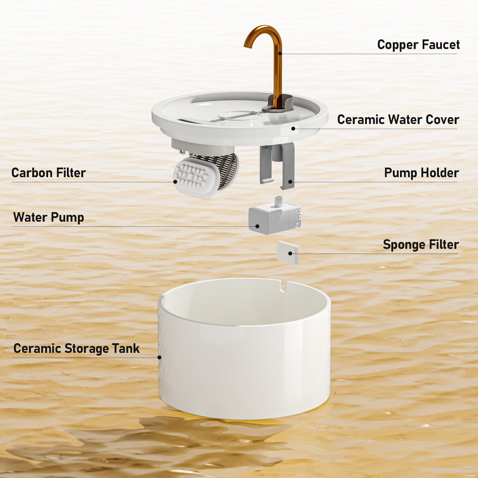 DOOOB Ceramic Cat Water Fountain, 2.1L/71oz Ceramic Cat Fountain, Automatic Ceramic Water Fountain for Cats, Pet Water Fountain with Ultra-Quiet Pump and 3 Filters & 3 Sponges (White) - Image 2