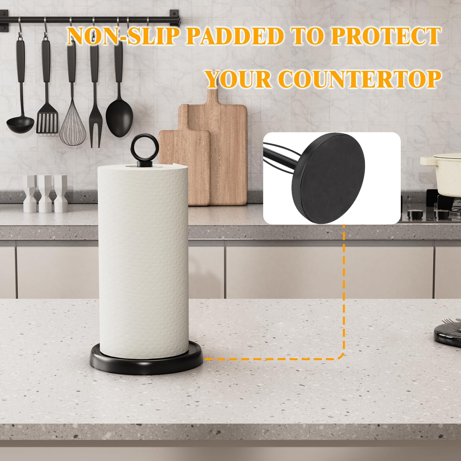 Black Paper Towel Holder Countertop, One-Handed Tear, Stainless Steel, Weighted Base, Ring Paper Towel Holder Stand with Ratchet System for Kitchen Farmhouse Essentials Decor Accessories - Image 6