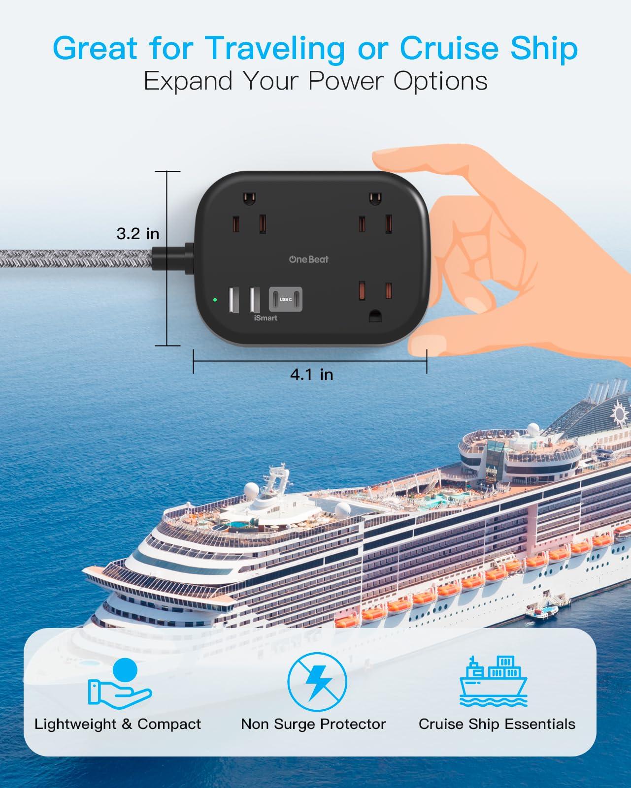 One Beat Cruise Ship Essentials,Travel Power Strip with USB C,Flat Plug Extension Cord with 3 Outlets 4 USB Ports(2 USB C),5 ft Desk Wall Outlet Extender,Non Surge Protector for Cruise,Dorm, Black - Image 3