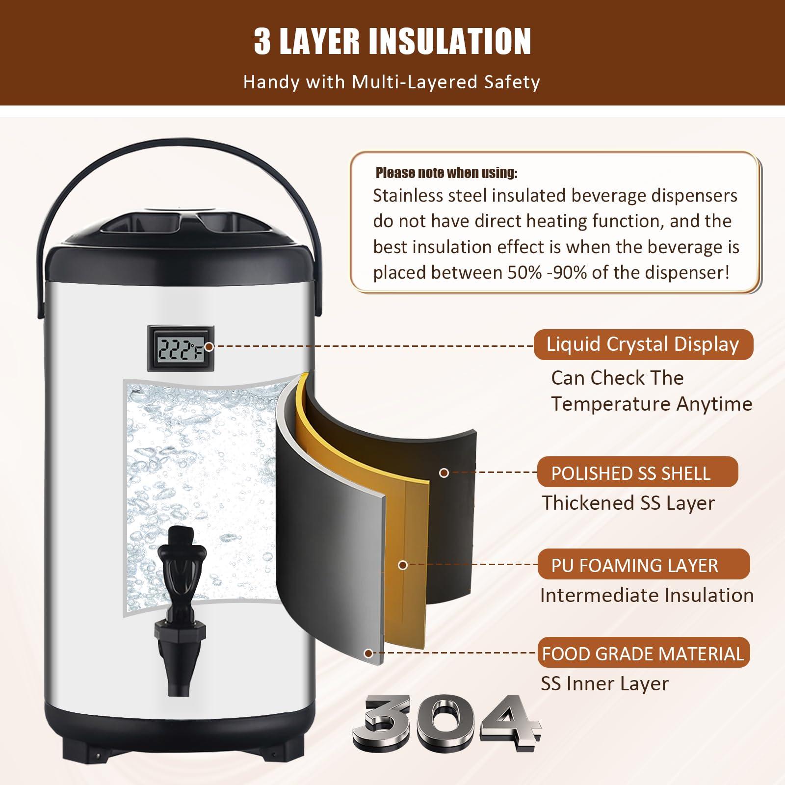 Insulated Beverage Dispenser,12L/3.2Gal Coffee Dispenser,Tea Dispenser,Coffee Carafe,Thermos Urn,Hot and Cold Drink Dispenser Faucet with thermometer For Hot Tea&Coffee,Cold Milk,Water,Juice(silver) - Image 4