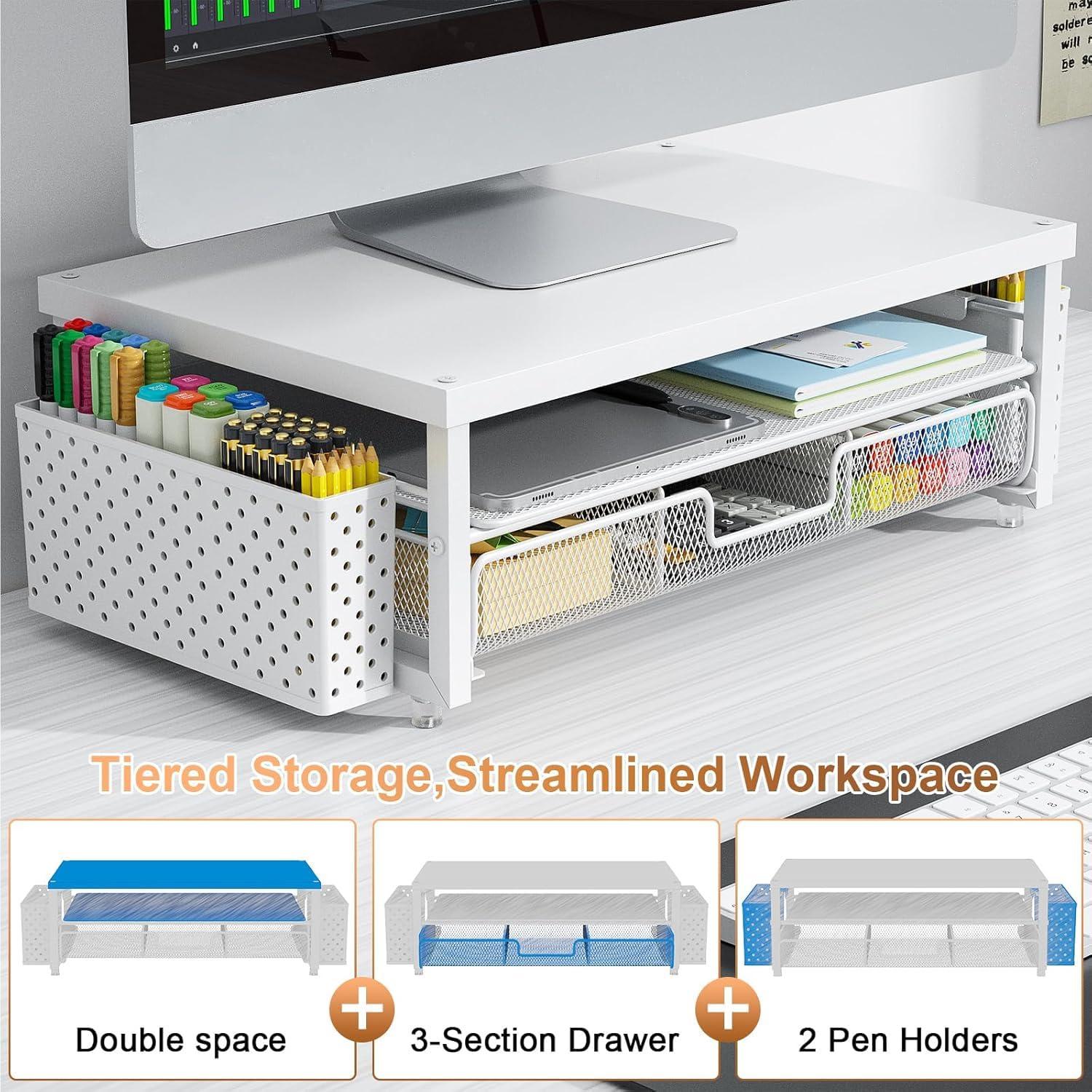 gianotter Monitor Stand Riser, Desk Organizer with Drawer and Pen Holder, 2-Tier Computer Stand, Office Desk Accessories, Office Organization (White Wood + Metal) - Image 5