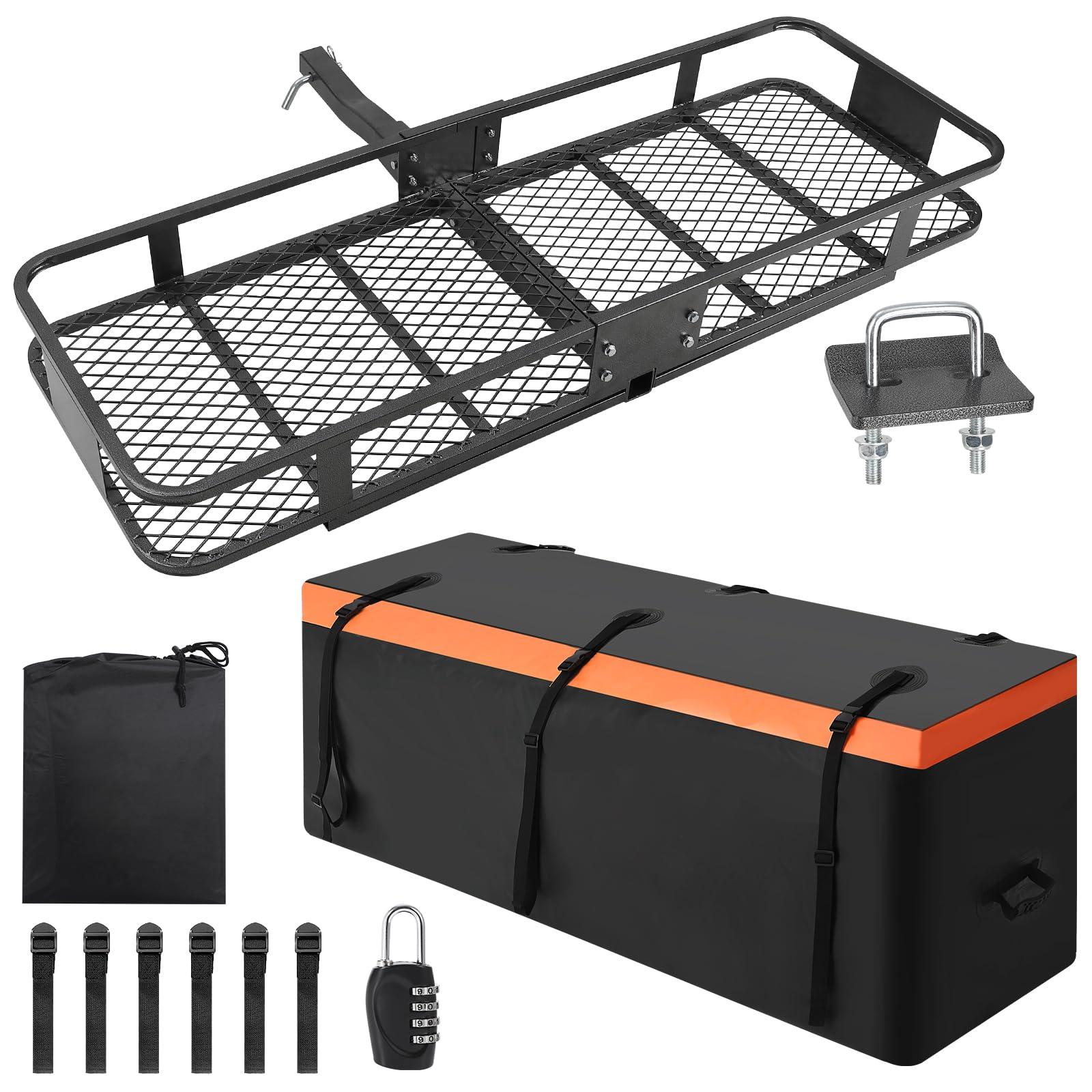 GarveeTech Hitch Mount Cargo Carrier Basket 60" x 20" x 5.9" with Waterproof Cargo Bag 15 Cubic Feet, 200 lbs Capacity, Foldable Design, Hitch Stabilizer, Net, Straps, Steel Construction