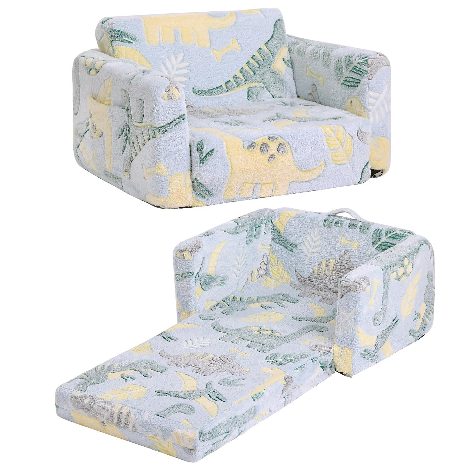 Tiita Kids Sofa, 2-in-1 Kid Sofa, Convertible Children Couch to Lounger, Flip Out Kids Chair, Glow in The Dark Toddler Armrest Chair Bed for Girl or Boy (Grey Dinosaur)