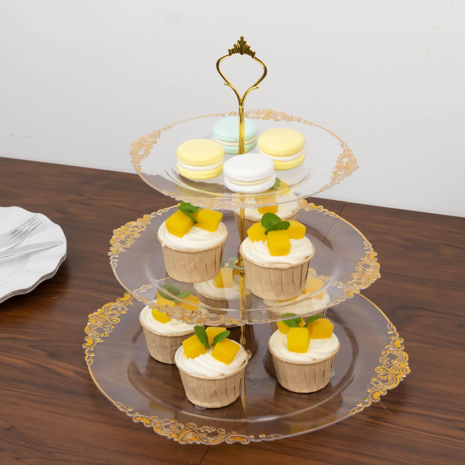 Efavormart 3-Tier Clear Plastic Cupcake Stand Holder with Gold Embossed Baroque Rim, Round Cake Dessert Display Stand Tiered Serving Tray with Top Handle - 13" - Image 6