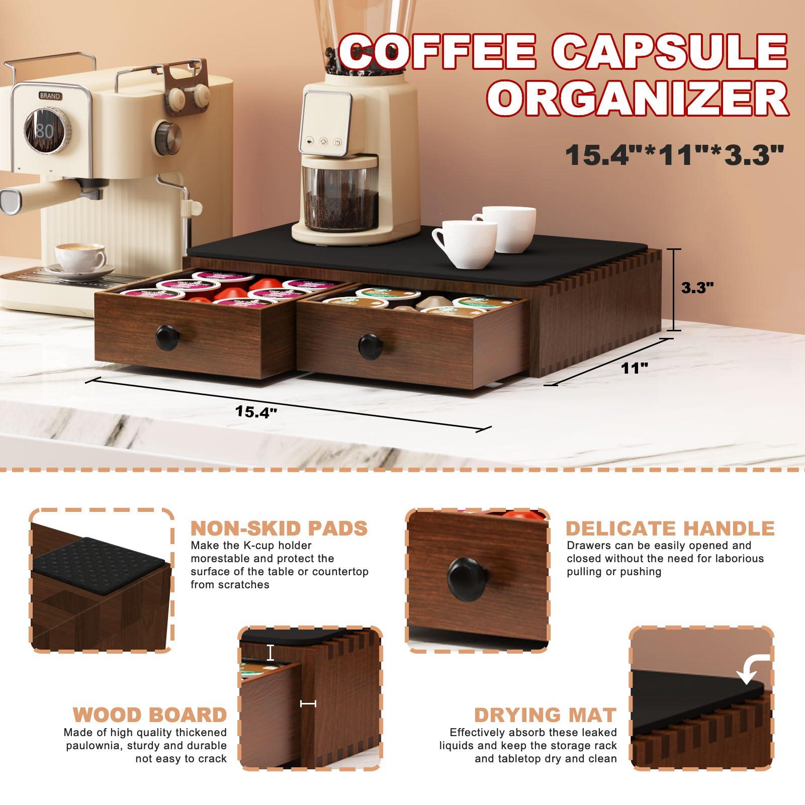 K Cup Holder, Wooden K Cup Organizer Box for Counter, Tea and Coffee Pod Storage Drawer Coffee Maker Stand, 30 Pod Capacity, Walnut Black - Image 2