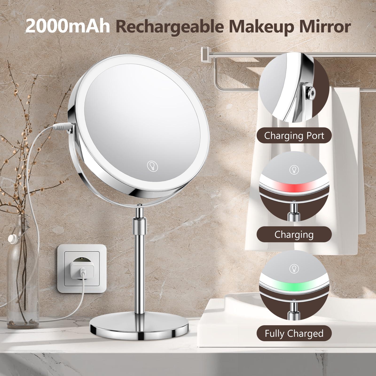 UBYMET Lighted Makeup Mirror, Rechargeable Height Adjustable Double Sided, 1x/10x Magnifying with 3 Color, Brightness Adjustable, 360° Rotation Vanity, Gift for Women - Image 6