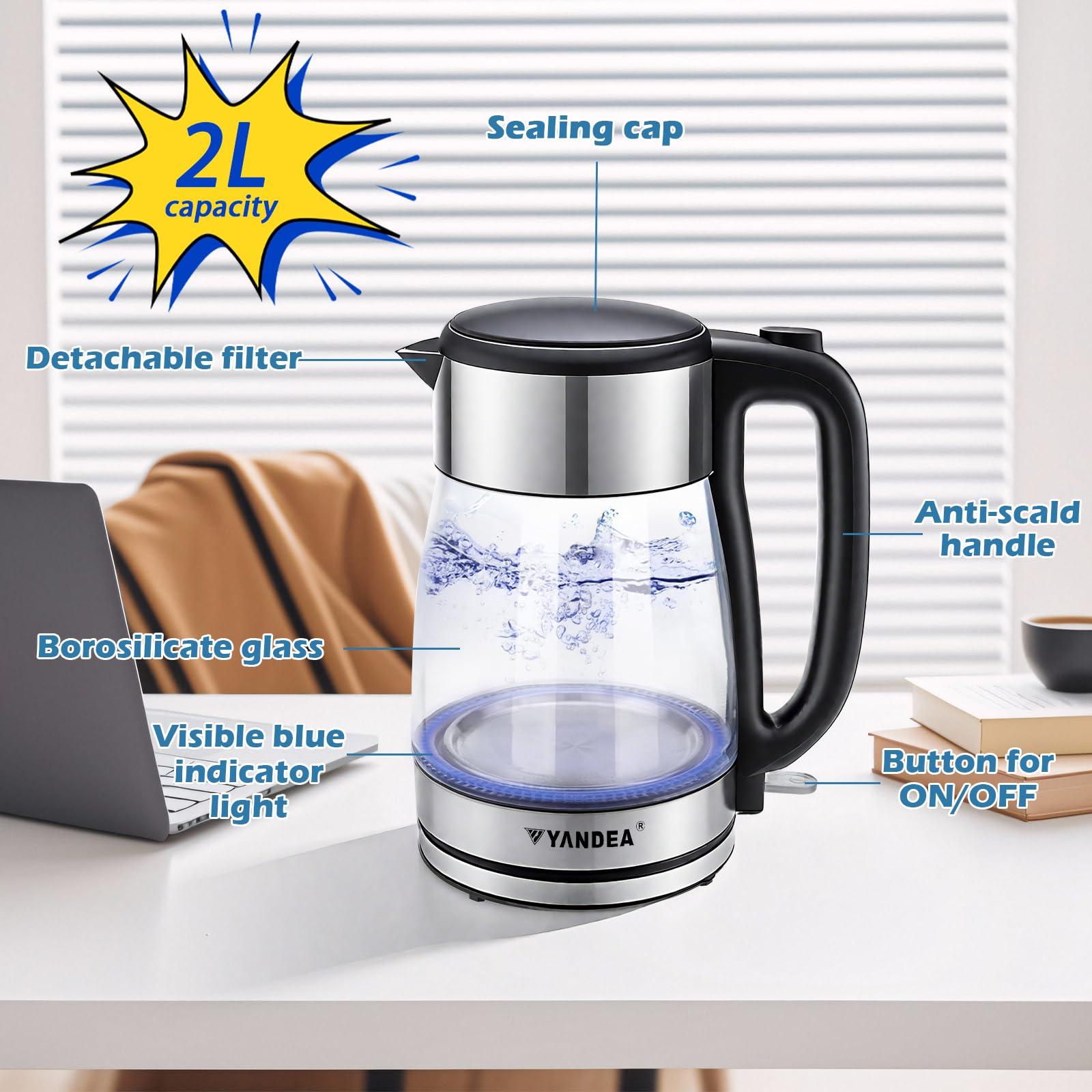 YANDEA Electric Kettle(Blue LED light), Hot Water Boiler, Auto Shut Off, Boil-Dry Protection, Upgrade lid with safety lock, Filter, BPA Free, Borosilicate Glass Electric Tea Kettle (YDK-1708（2.0L）) - Image 3