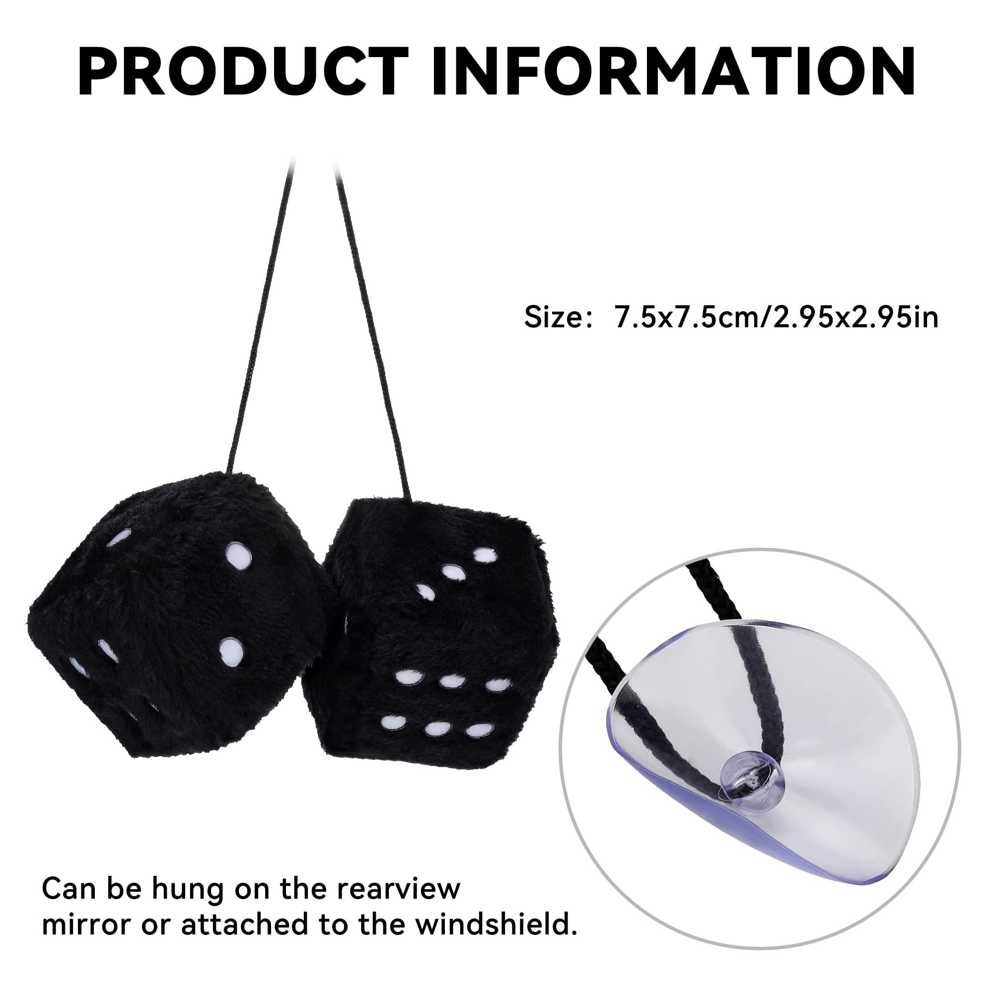 Couslcd Pair Fuzzy Plush Dice for Car Mirror, 2.75'' Retro Square Car Mirror Hanging, Universal Auto Rearview Mirror Ornament, Couple Pendant Charms, Car Accessories for Women (Black) - Image 2