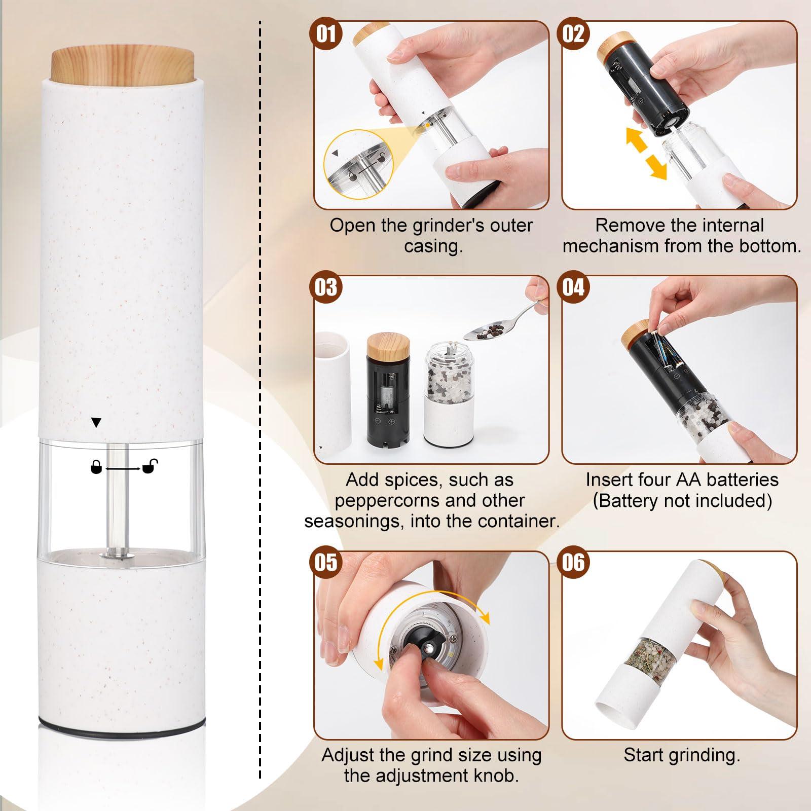 Threlaco Electric Salt and Pepper Grinder Set with 1 Portable Spill Proof Base 2 Packs Battery Operated Salt Pepper shakers with Adjustable Coarseness Light Wheat Straw Grinder for Kitchen(White) - Image 6