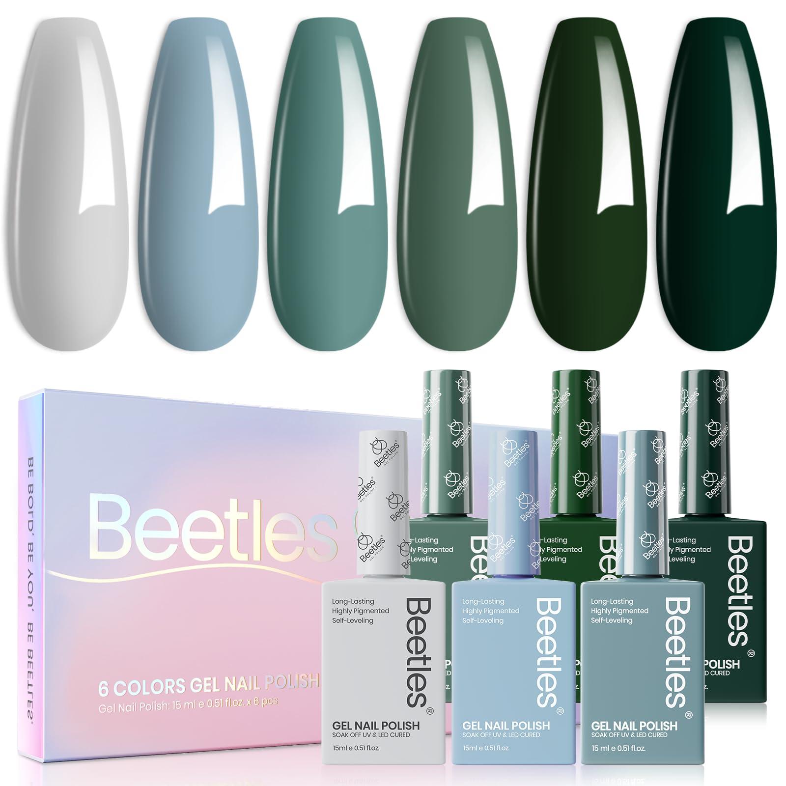 Beetles Spring Gel Nail Polish Set, 6 Colors 15ML Green Gel Nail Polish Kit Misty Gray Dark Green Baby Blue Full Size Nail Gel Polish Soak Off UV Lamp DIY Manicure Gel Gifts for Women