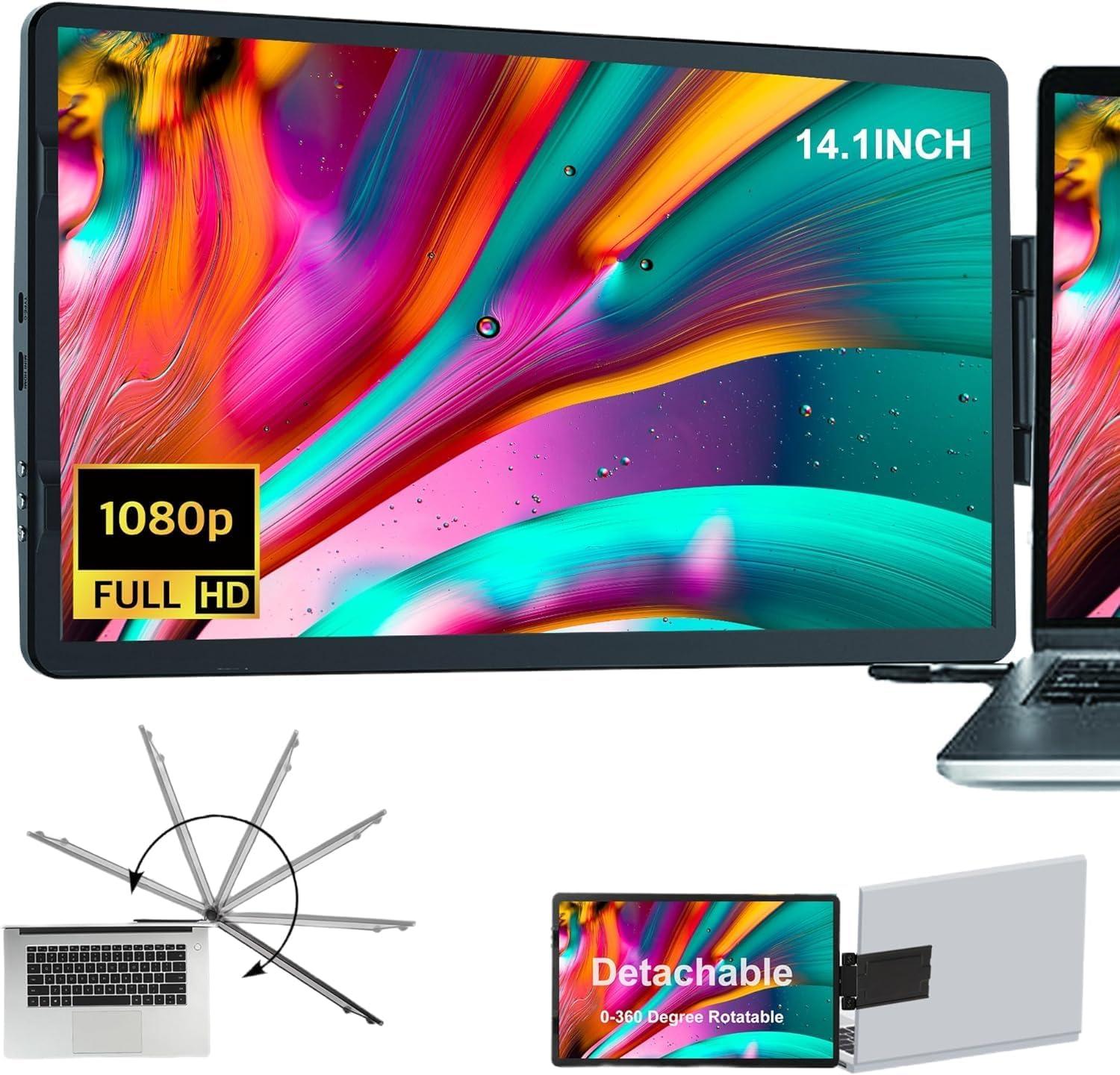 Laptop Screen Extender - 360° Rotatable Portable Monitor | 14.1" Foldable Laptop Monitor Extender with USB-C & Mini HDMI, Plug and Play for Mac, PC, and Android - Image 1