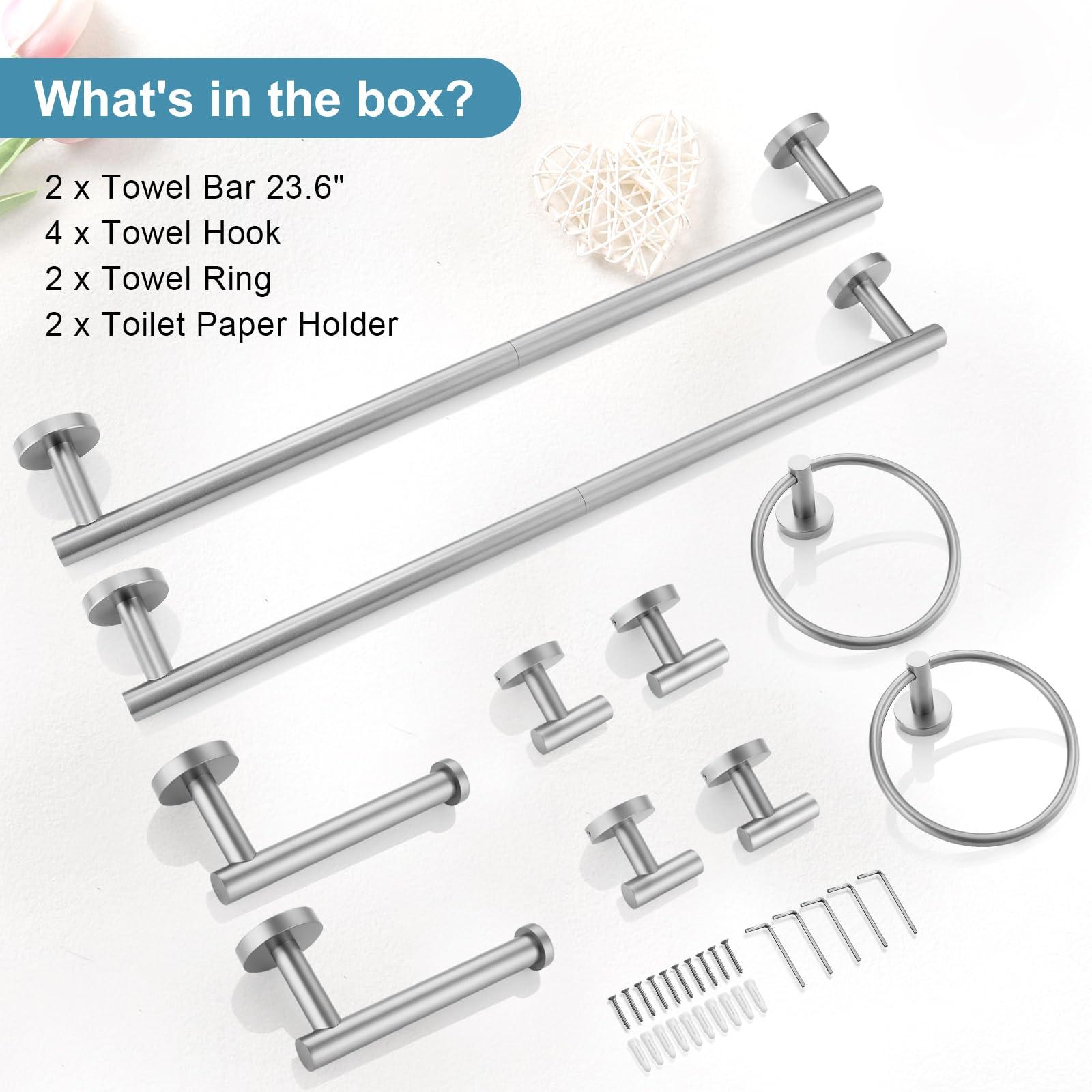 TQKAG Brushed Nickel Bathroom Hardware Accessories Set - 10-Piece Premium SUS304 Stainless Steel Towel Bar Holder Set with 23.6 Inch Round Towel Racks for Wall Mounted Bathroom - Image 8
