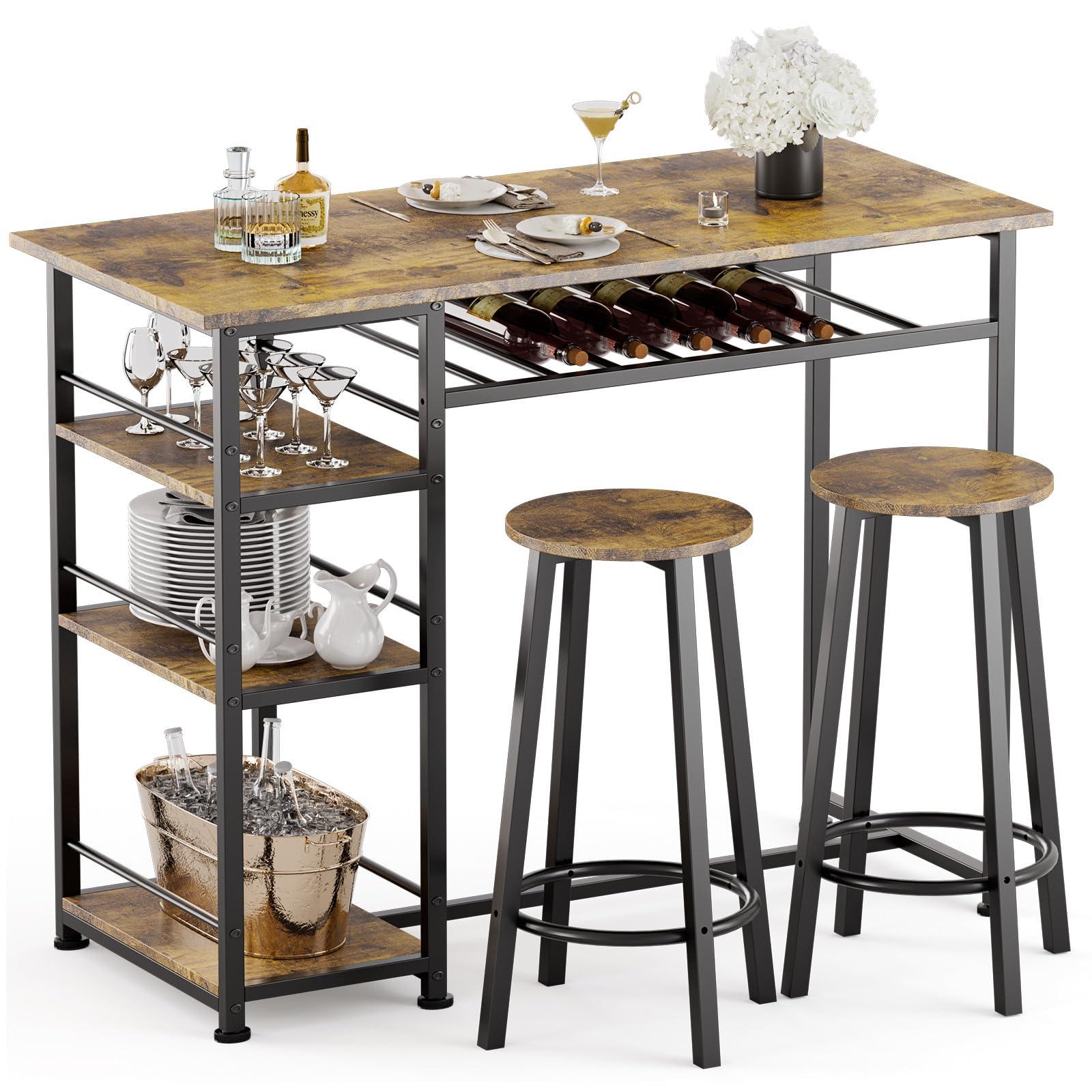 COMHOMA Dining Table Set for 2, Counter Height Kitchen Table and Chairs with Storage Shelves & Wine Rack, Bar Table Set with 2 Bar Stools, 3 Piece Dining Room Table Set for Small Space, Retro Brown