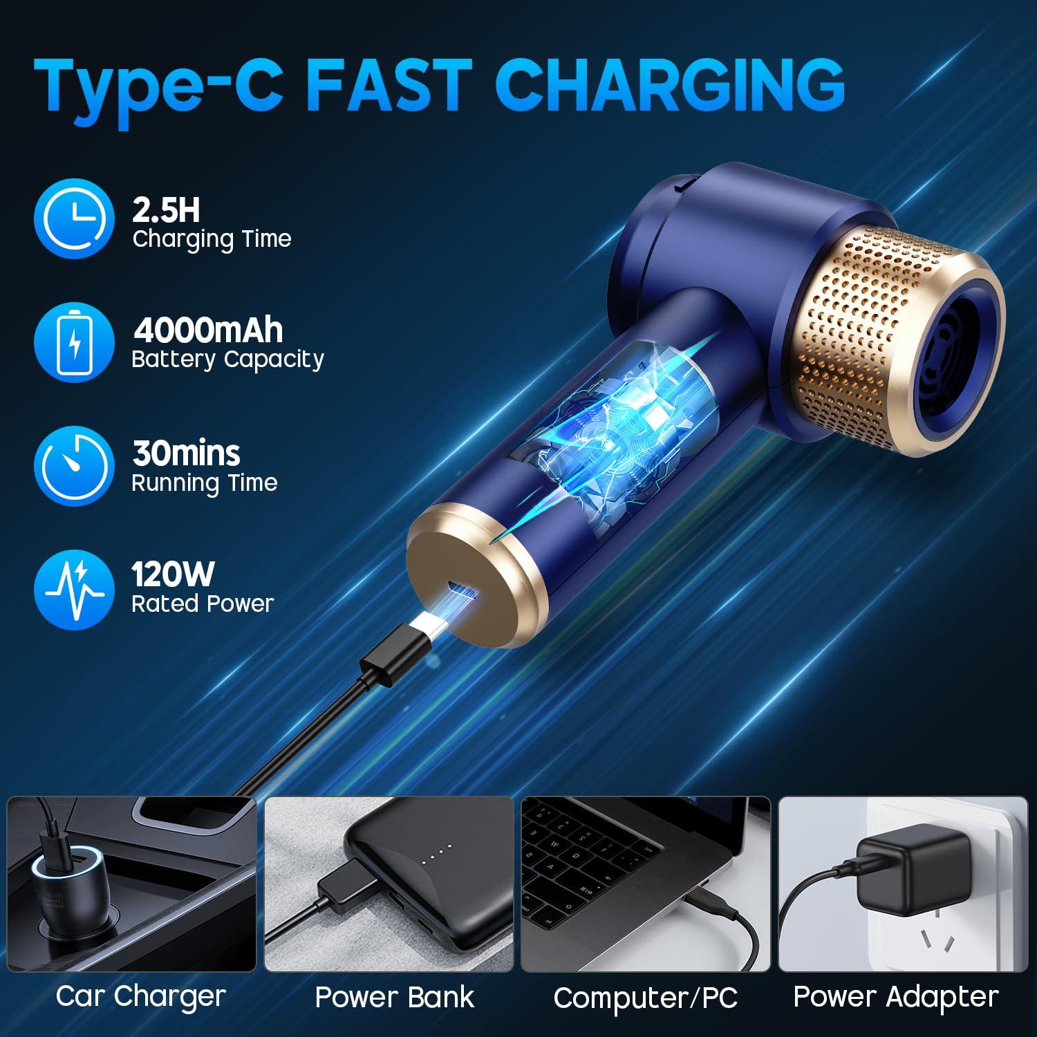 JONYJ Handheld Car Vacuum Cleaner, 16000PA Hand Held Vacuum Portable Cordless, 2 in 1 Air Duster and Vacuum Cleaner with LED Light, Multi-Nozzles, 120W High Power Mini Vacuum for Home, Pet, Office - Image 5