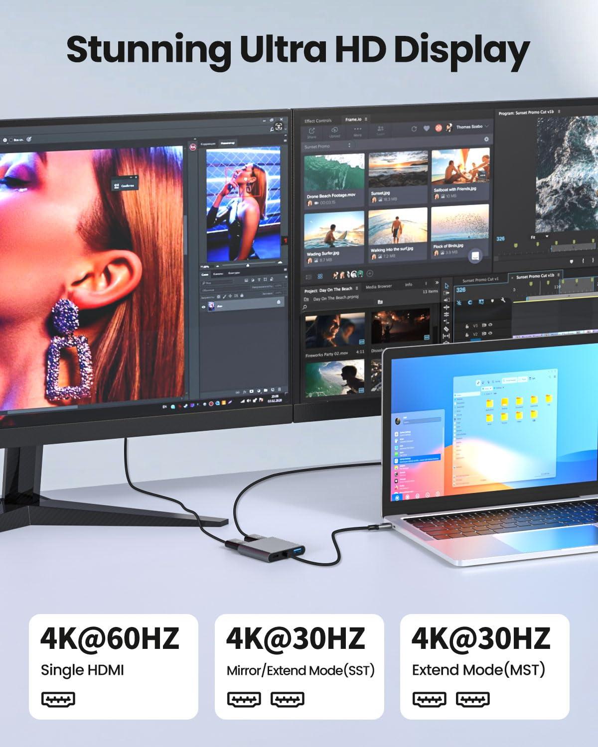 USB C to Dual HDMI Adapter, Fophmo 4K@60Hz HDMI Splitter Extended Display for Dual Monitors, 100W PD, USB-A Port, Windows Allows Multi-Monitor Display 3 Separate Screens, macOS Only Allows Mirror Mode - Image 4