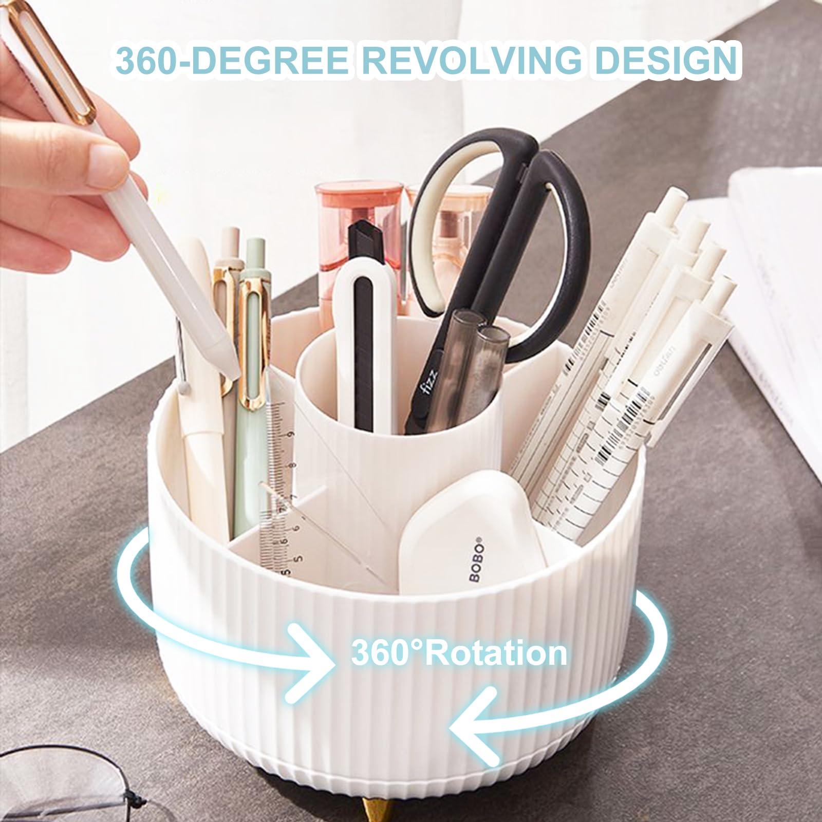 Cayxenful Pencil Holder For Desk,5 Slots 360°Degree Rotating Desk Organizers And Accessories,Desktop Storage Stationery Supplies Organizer, Cute Pencil Cup Pot For Office, School, Home (B-White) - Image 5