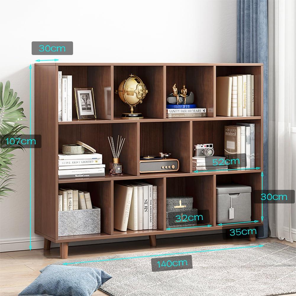 IOTXY Open Cube Low Bookcase - 3-Tier Freestanding Storage Display Cabinet Organizer with Legs for Home Office, 11-Cubes Open Shelf Short Bookshelf, Walnut - Image 2