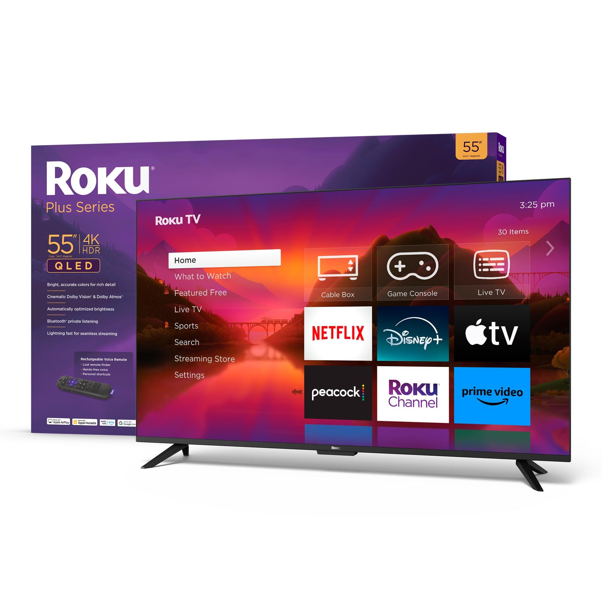 Roku Plus Series 55-Inch 4K QLED Smart TV RokuTV, Seamless Streaming, Striking 4K Resolution, Roku Voice Remote Pro, Dolby Vision, Automatic Brightness, Live Local News & Sports