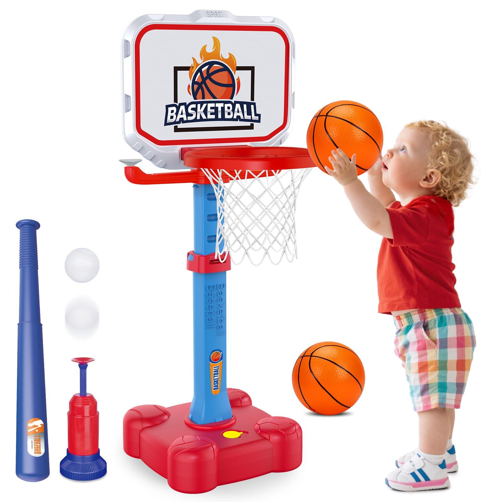 Tsomtto 4 in 1 Kids Basketball Hoop & T Ball Set Indoor Outdoor Toys for Toddlers 1-3 Adjustable Toddler Pool Basketball Hoop Goal Sports Outside Play Toys for 1 2 Year Old Boys Girls Birthday Gifts