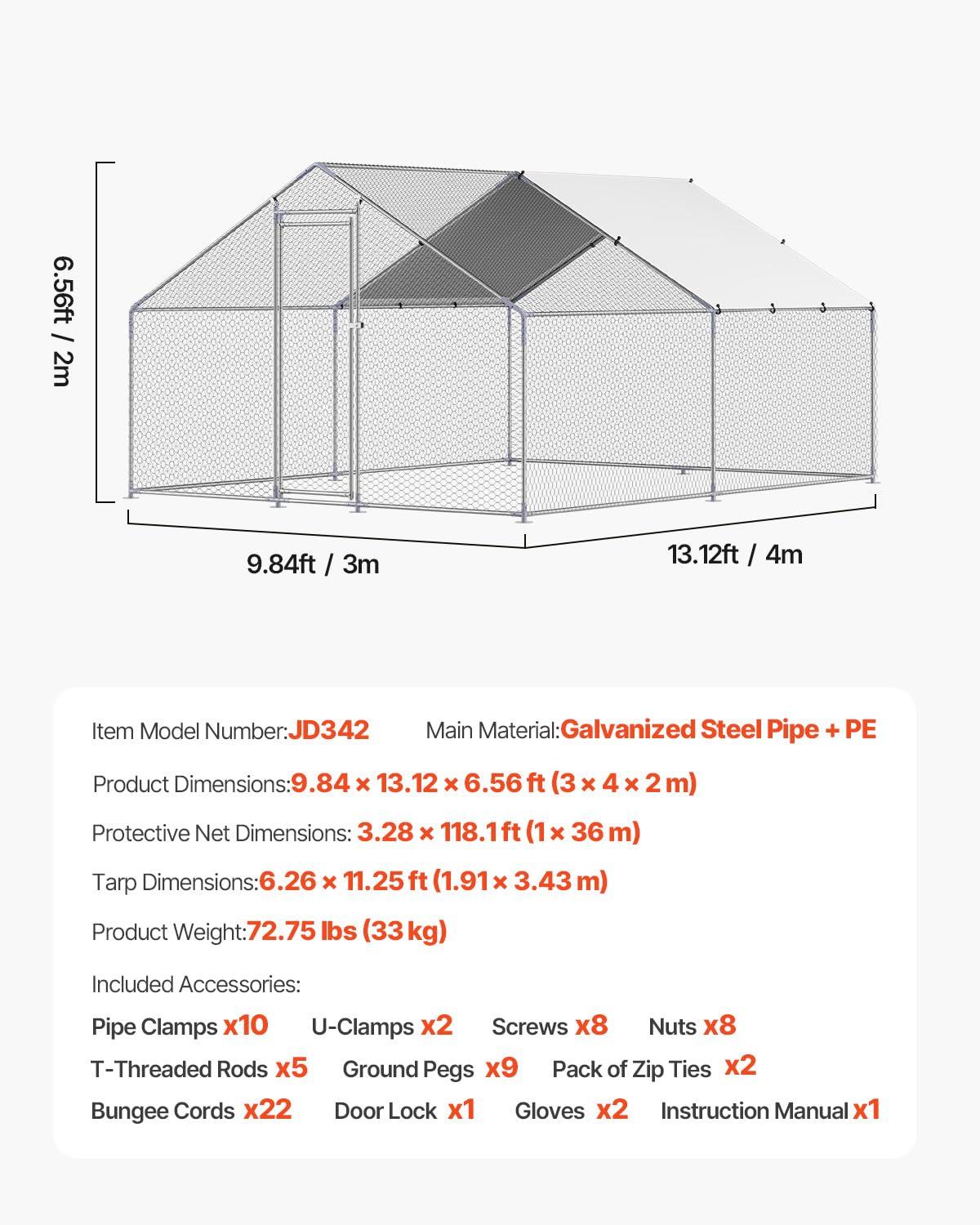 VEVOR Large Metal Chicken Coop, 9.8x13.1x6.5 ft Large Walk in Chicken Runs for Yard with Cover, Hen House Enclosure with Security Lock, Outdoor Duck Rabbit Cage Poultry Pen for Backyard, Farm, Yard - Image 3