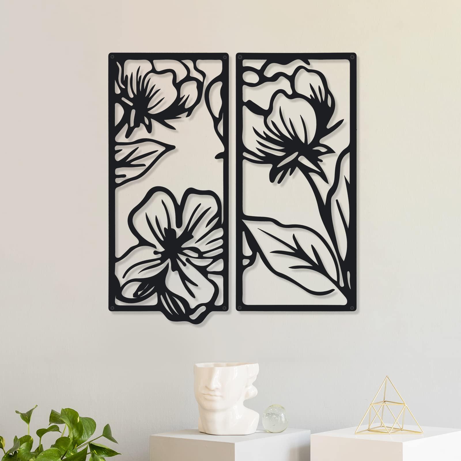 Cunno 4 Pcs Black Wall Decor Metal Floral Minimalist Line Art Wall Living Room Bedroom Flower Aesthetic Modern Sculpture Poppy Theme Hanging Home Kitchen Bathroom Decorations - Image 3