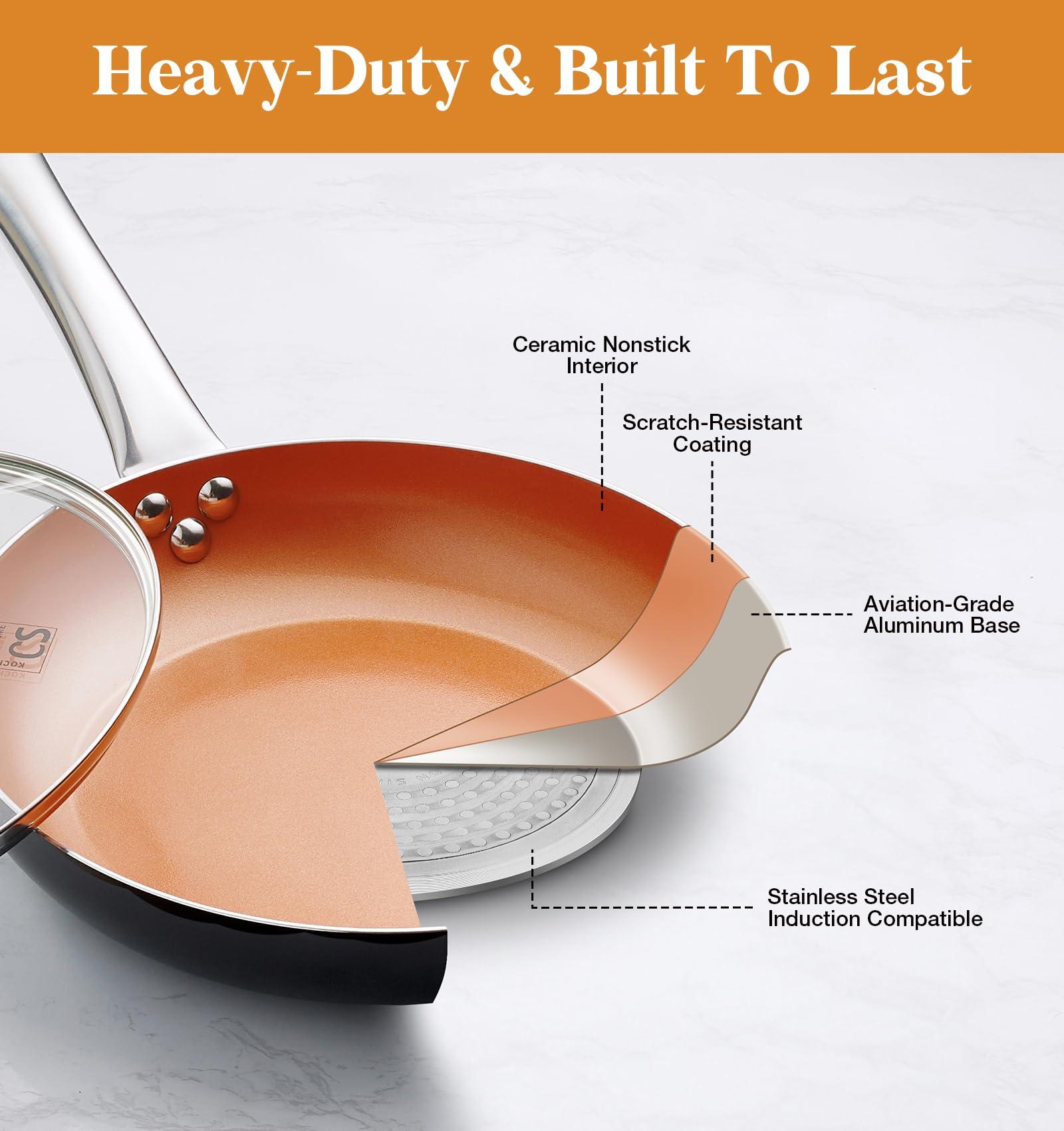 KOCH SYSTEME CS 10in Copper Nonstick Frying Pans with Lids and Titanium Ceramic Interior,100% PFOA-Free Saute Pan/Skillet for All Stove Tops,Stainless Handle,Omelet Pan Cookware - Image 3