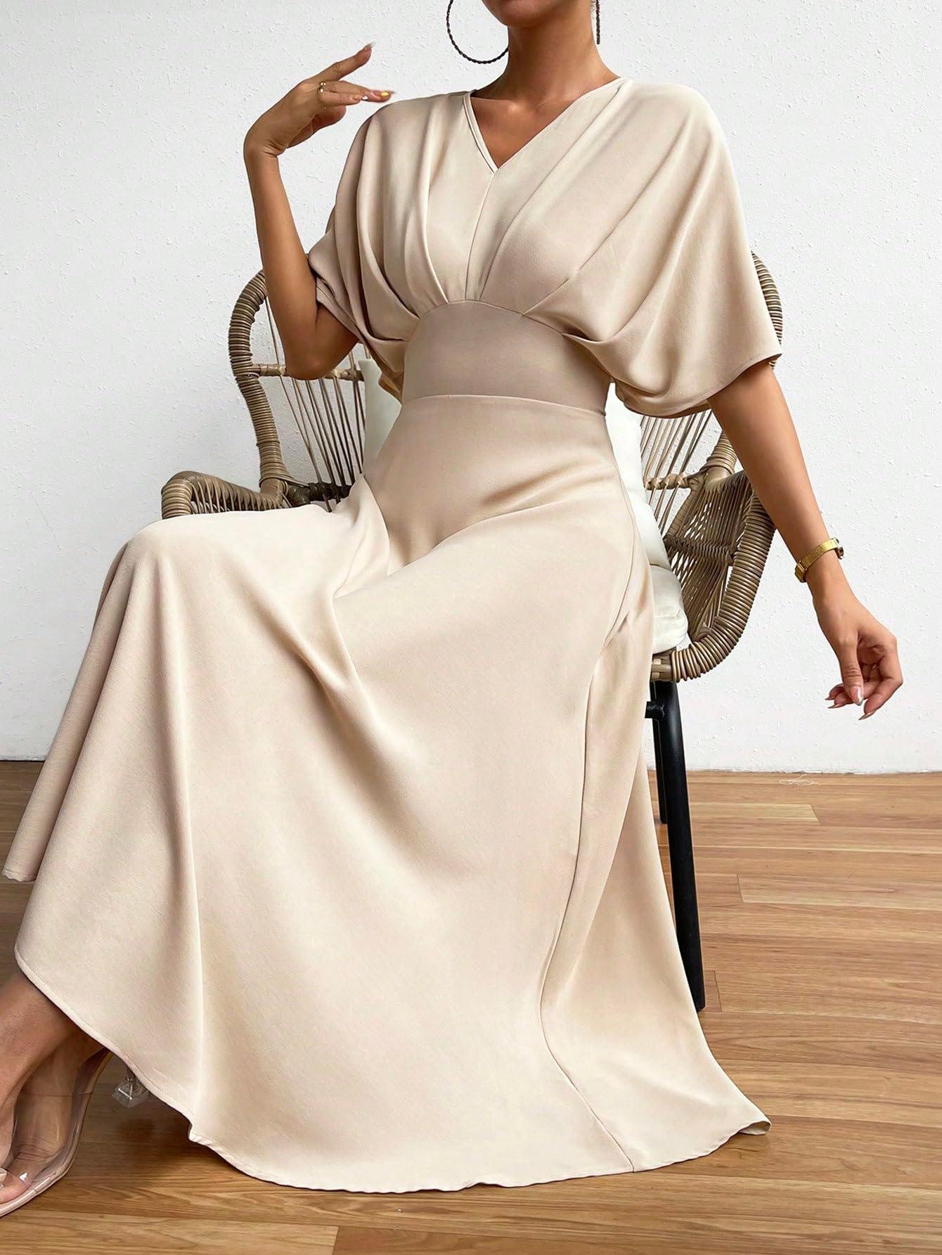 Floerns Women's V Neck Half Sleeve Ruched Cocktail Evening A Line Long Dress - Image 3