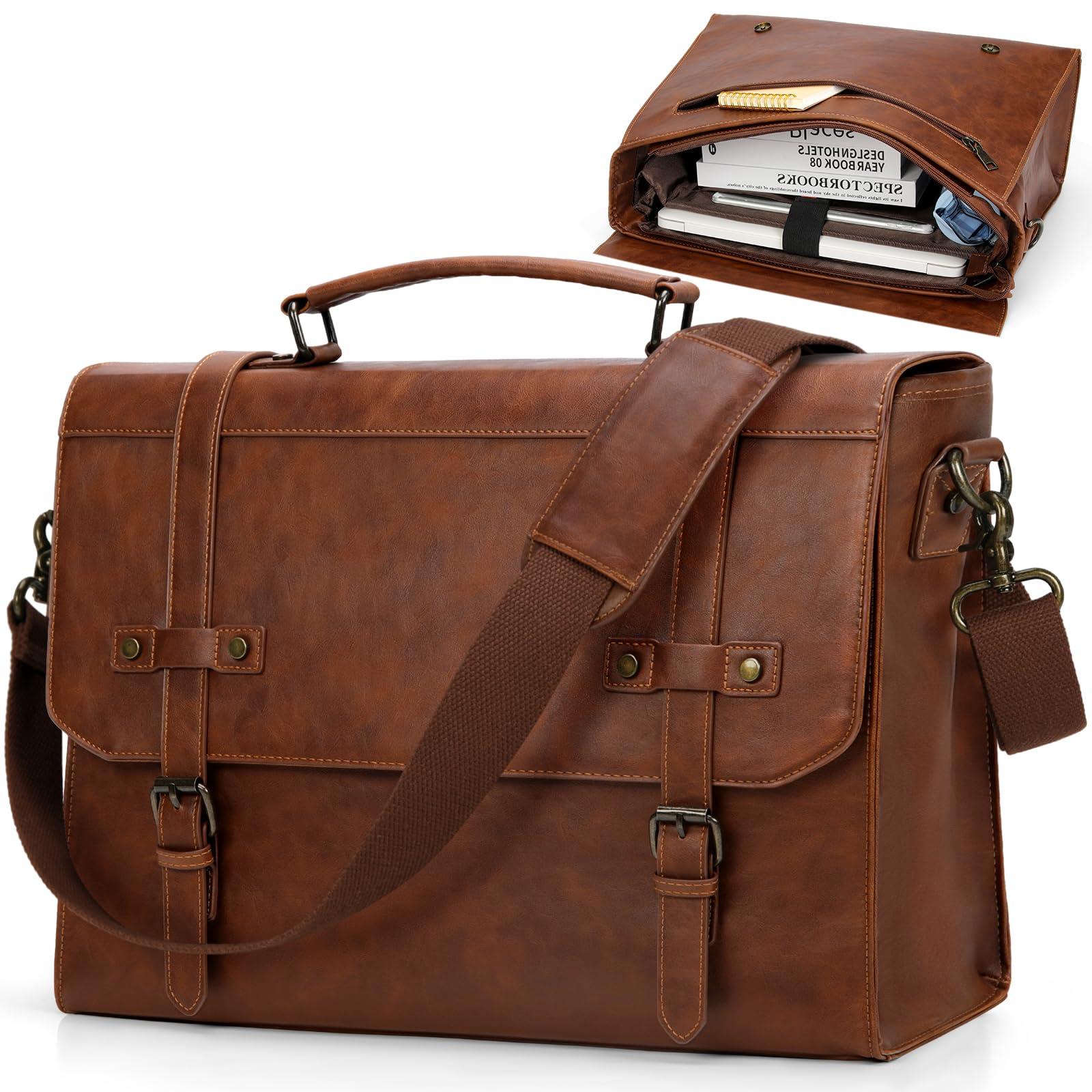 RAINSMORE Mens Messenger Bag 17 Inch Waterproof Vintage Leather Laptop Briefcase Large Laptop Bag Satchel Bag Computer Shoulder Bag for Office Business Travel College,Brown - Image 1