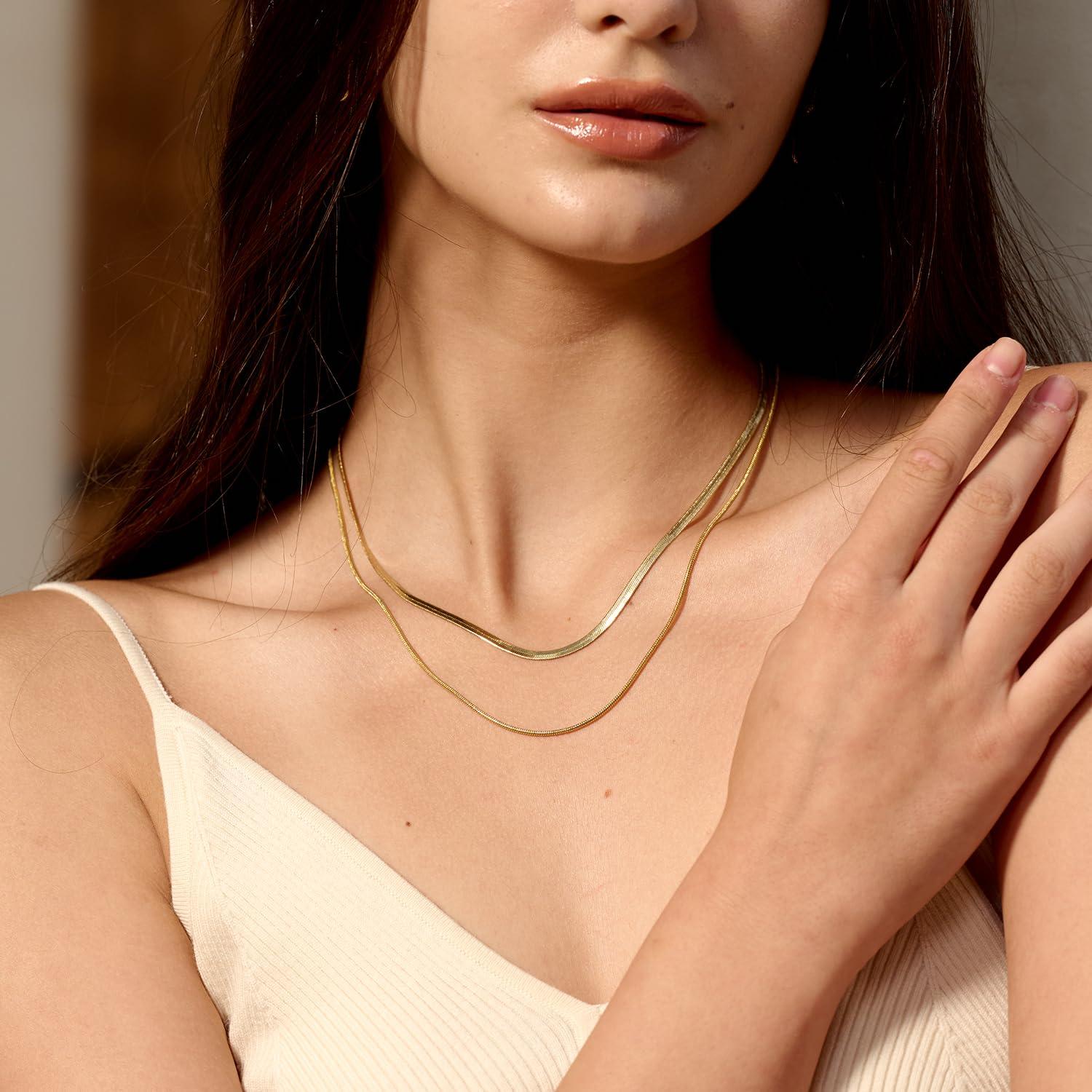 CHESKY 14K Gold/Silver Plated Snake Chain Necklace Herringbone Necklace Gold Choker Necklaces for Women Gifts Jewelry 1.5/3/5MM(W) 14"/16"(L) - Image 4